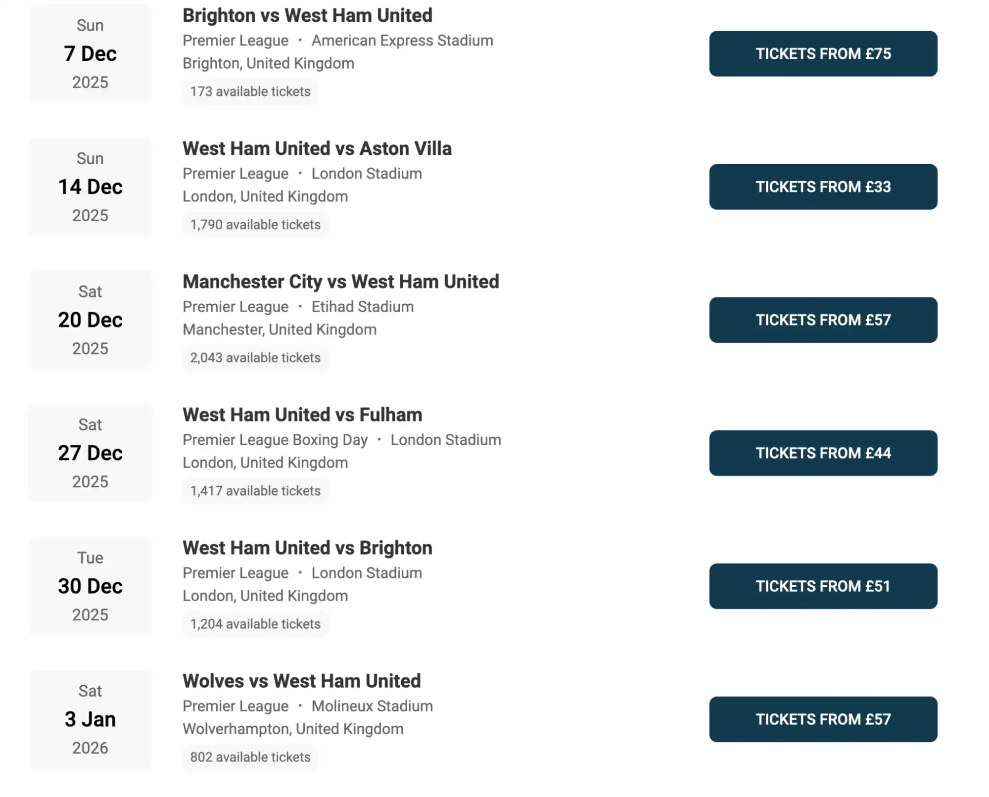 Screenshot av West Ham United kampliste