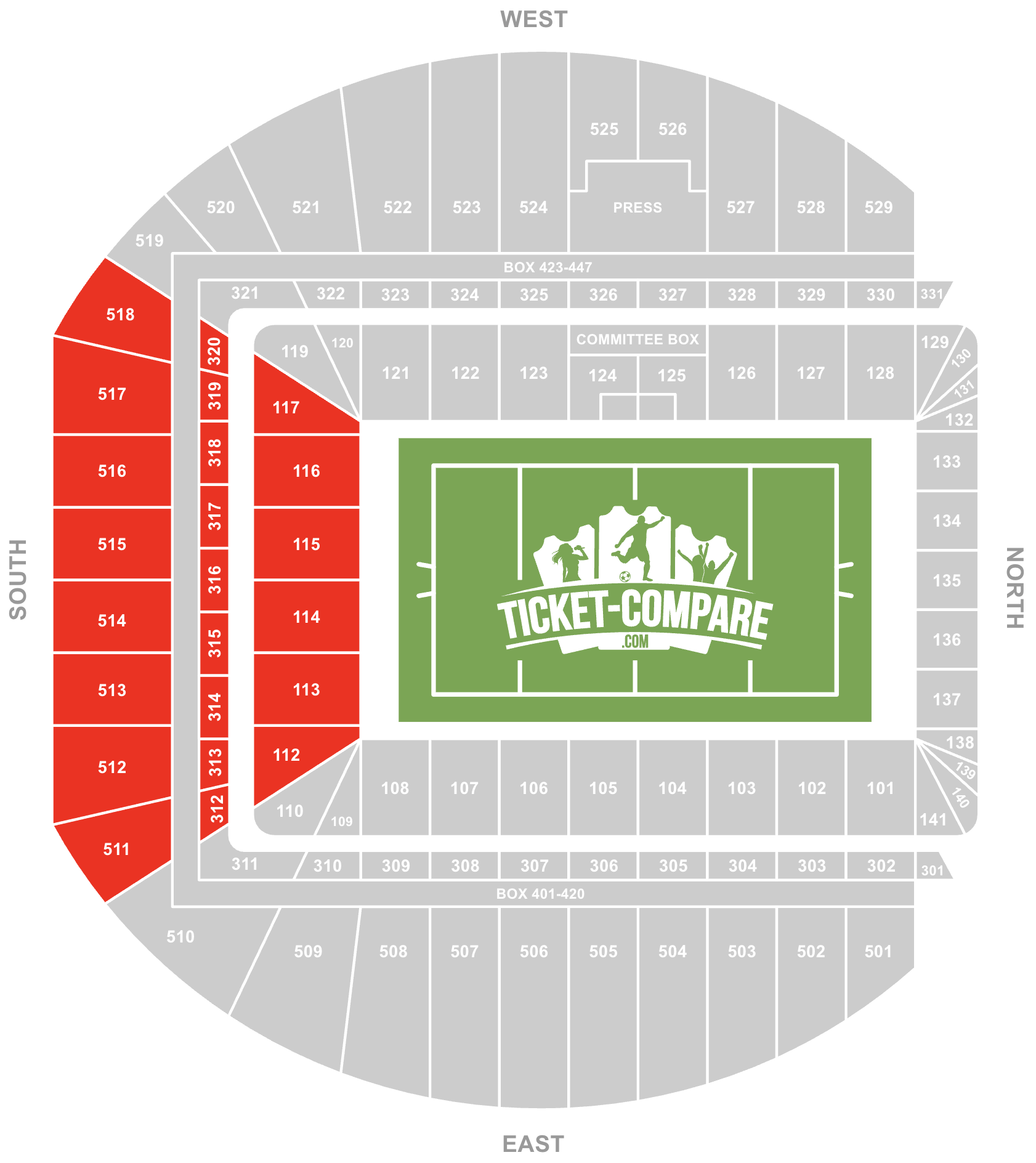 Screenshot Aviva Stadium Seating Plan med South Stand fremhævet