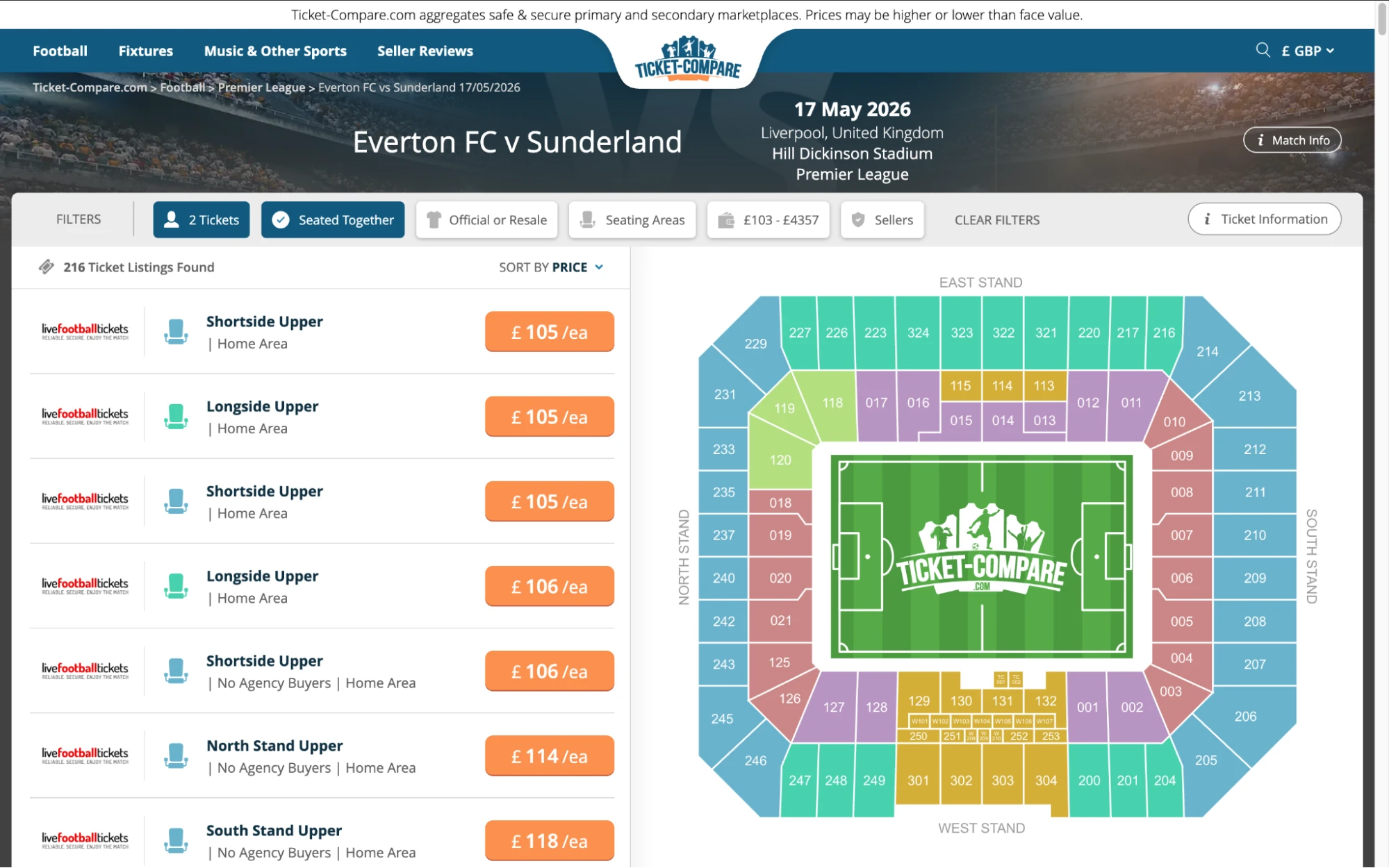 Screenshot of Everton v Sunderland tickets page