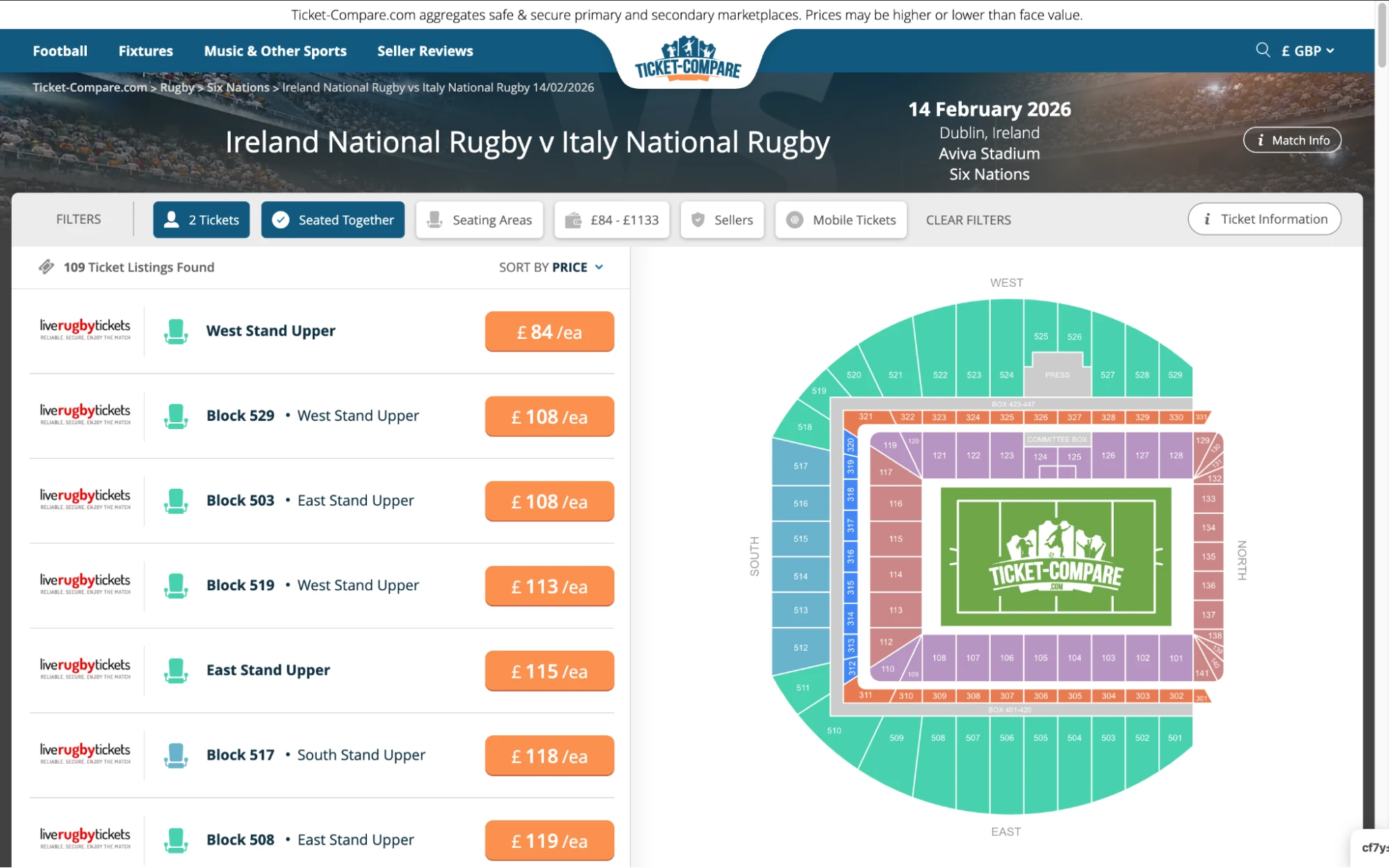 Screenshot of Ireland National Rugby v Italy National Rugby tickets page