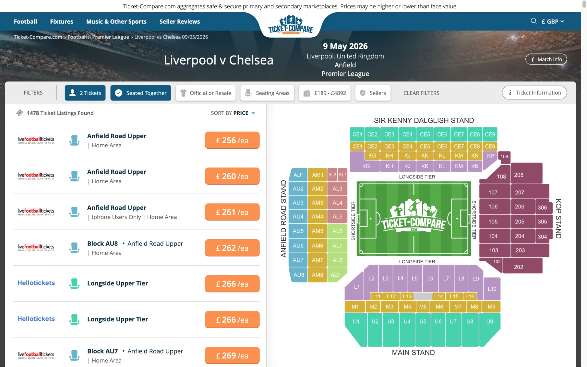 Screenshot of Liverpool v Chelsea tickets side