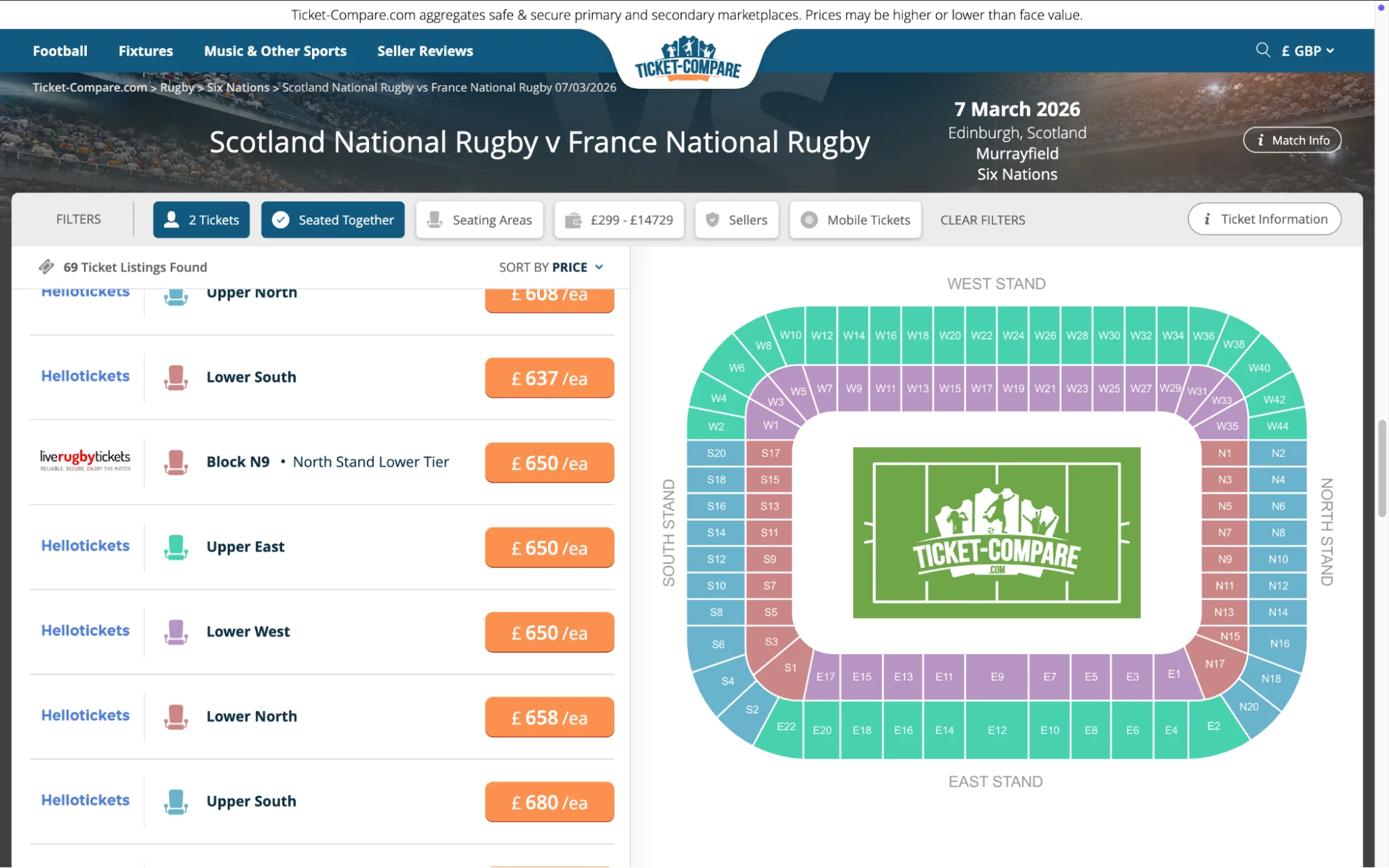 Skjermbilde av Scotland National Rugby v France National Rugby tickets page