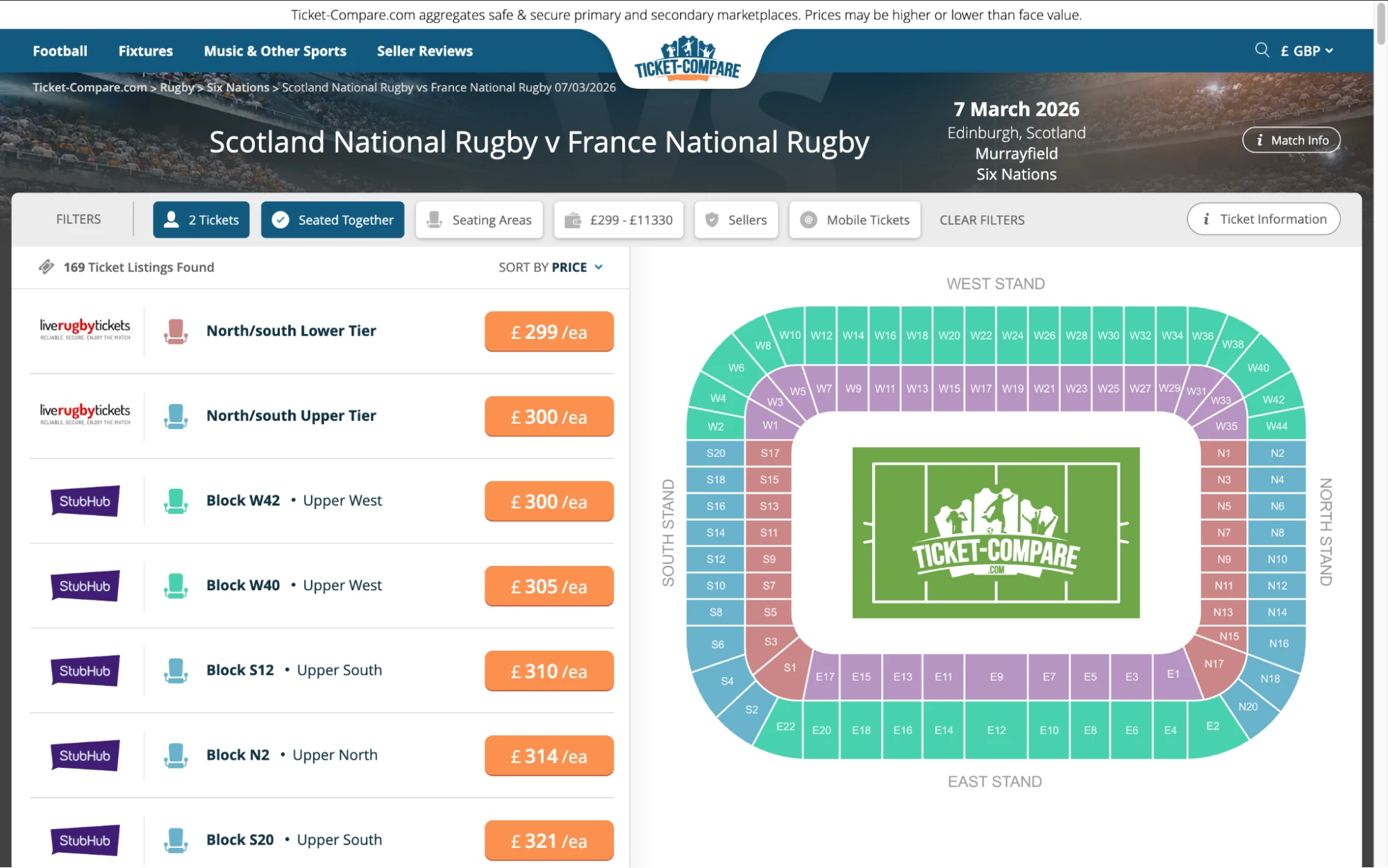 Screenshot of Scotland National Rugby v France Six Nations Rugby tickets page