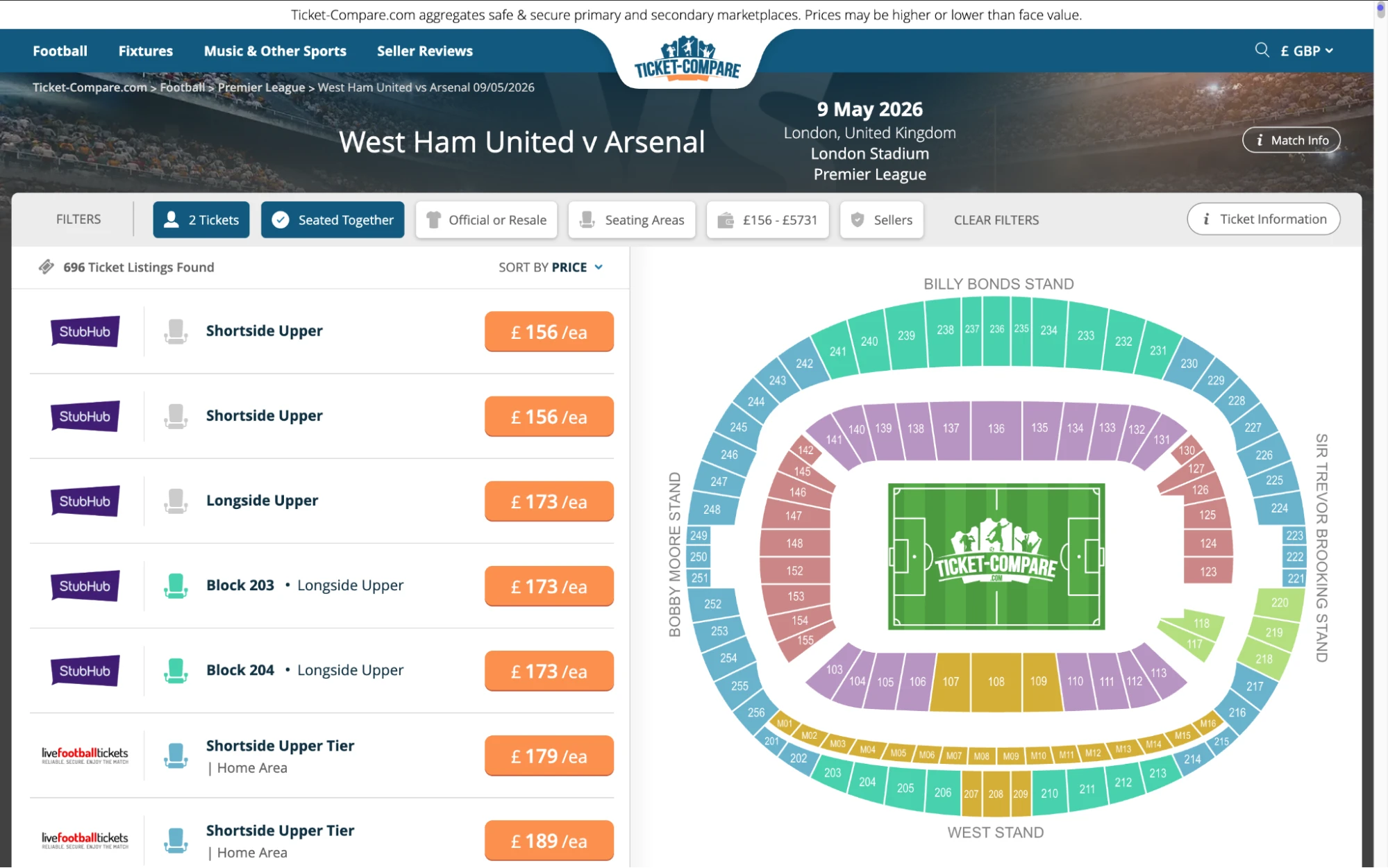 Skjermbilde West Ham United v Arsenal billetter