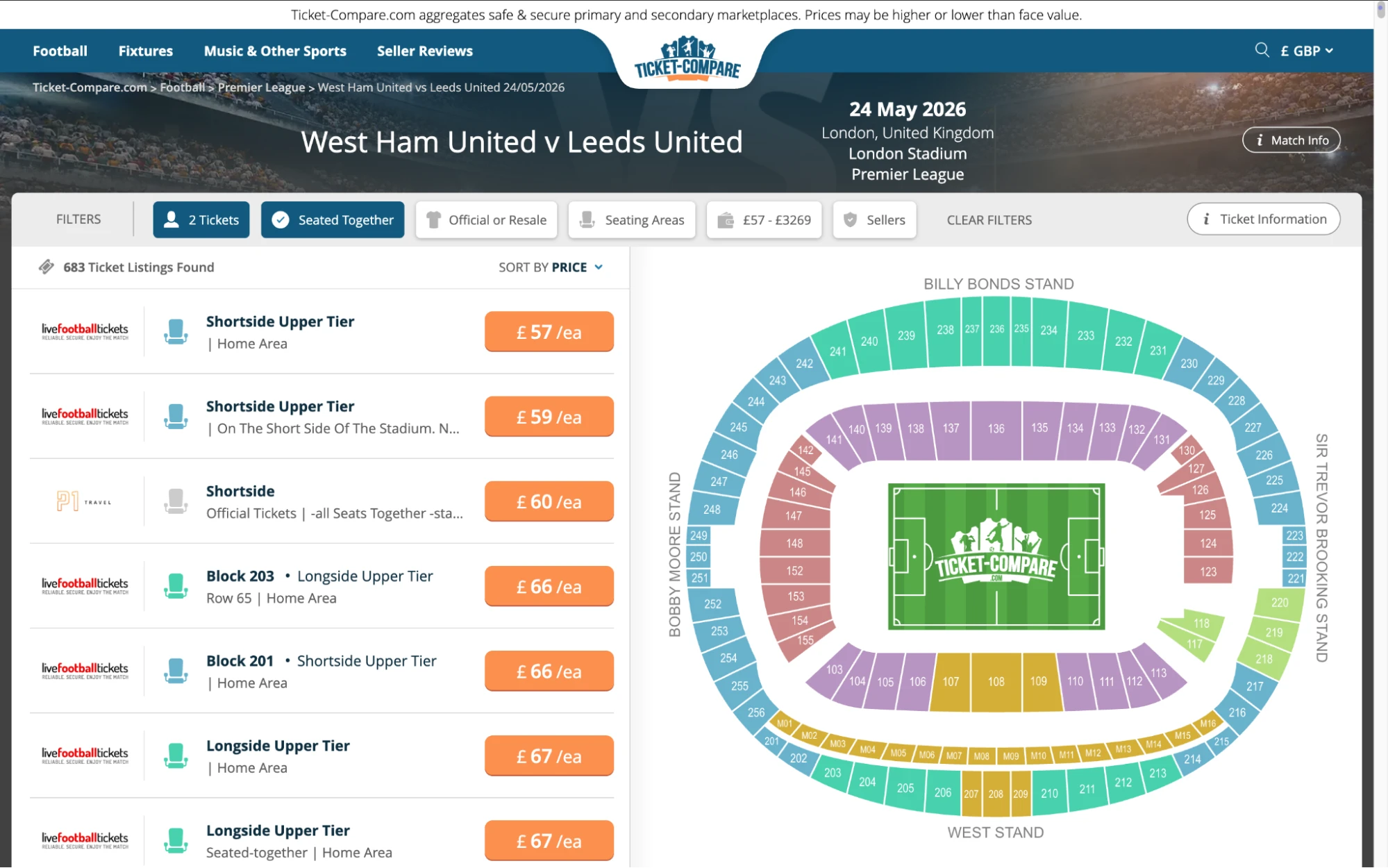 Screenshot of West Ham United v Leeds United tickets page