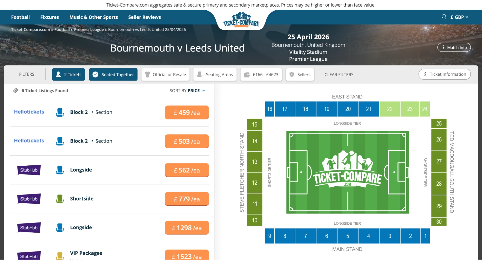Screenshot of Bournemouth v Leeds United tickets page