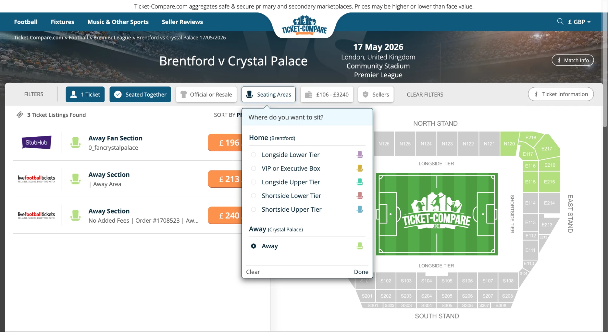 Screenshot af siddepladser ved Brentford v Crystal Palace – billetvalg