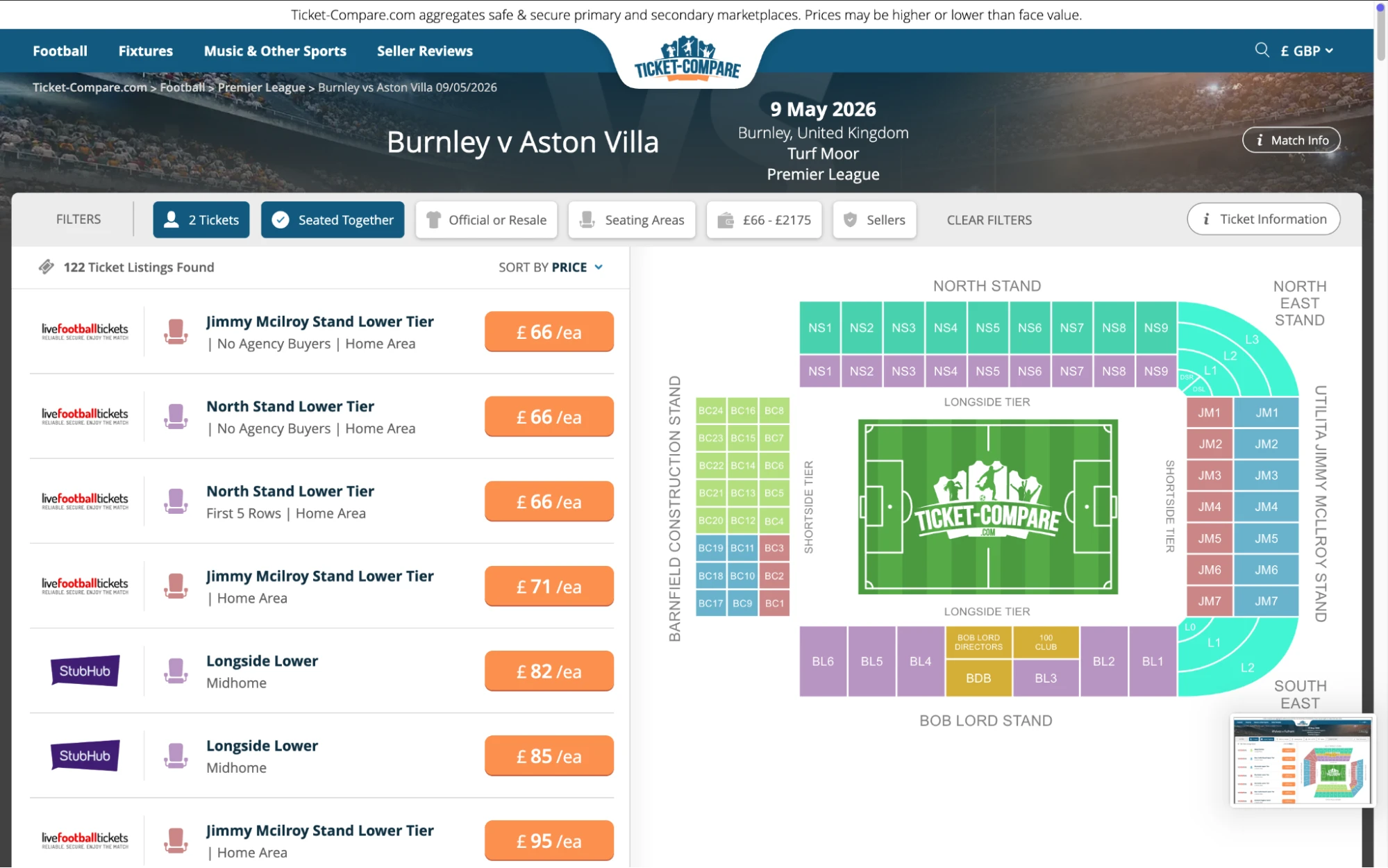 Screenshot of Burnley v Aston Villa tickets
