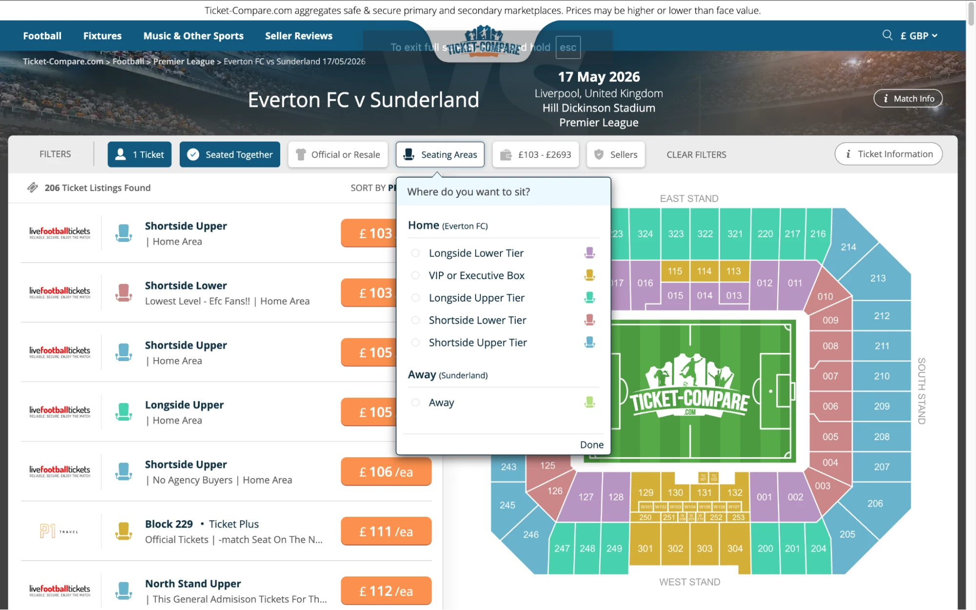 Screenshot of Everton v Sunderland tickets page on Ticket-Compare.com