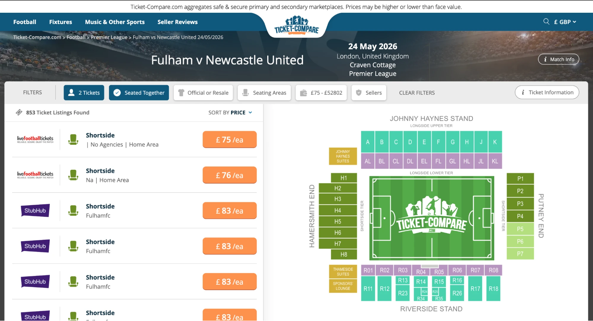 Screenshot of Fulham v Newcastle United tickets page