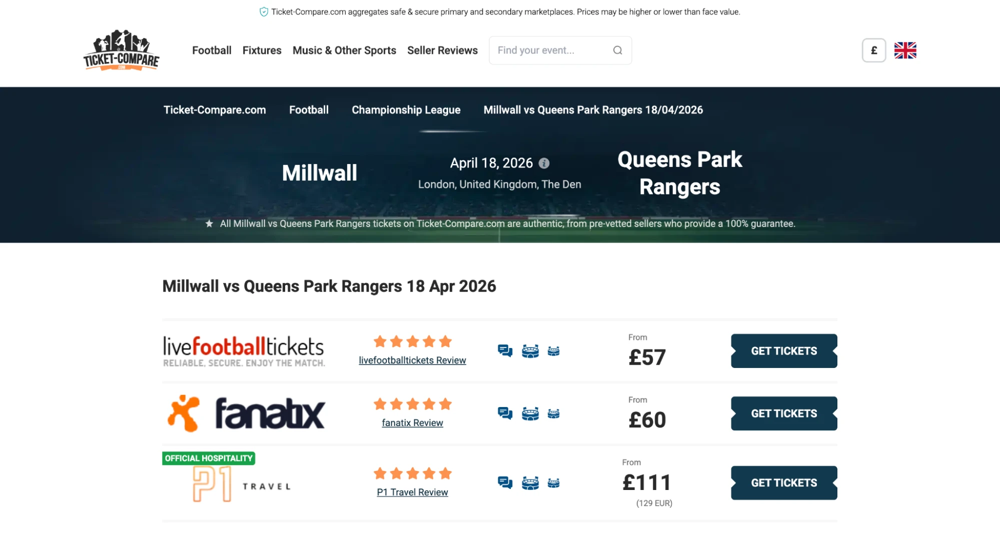 Skjermdump, Millwall v Queens Park Rangers billetter