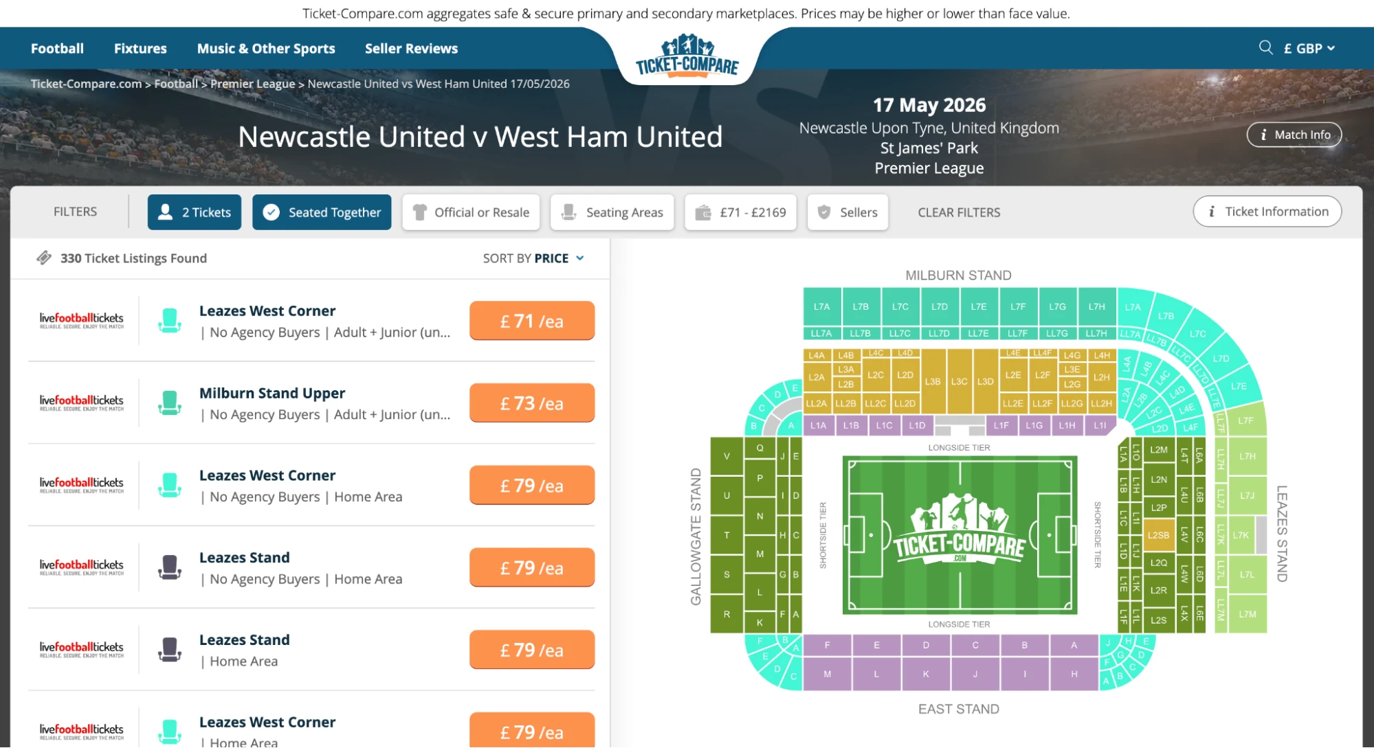 Skjermbilde av Newcastle United v West Ham United billetter