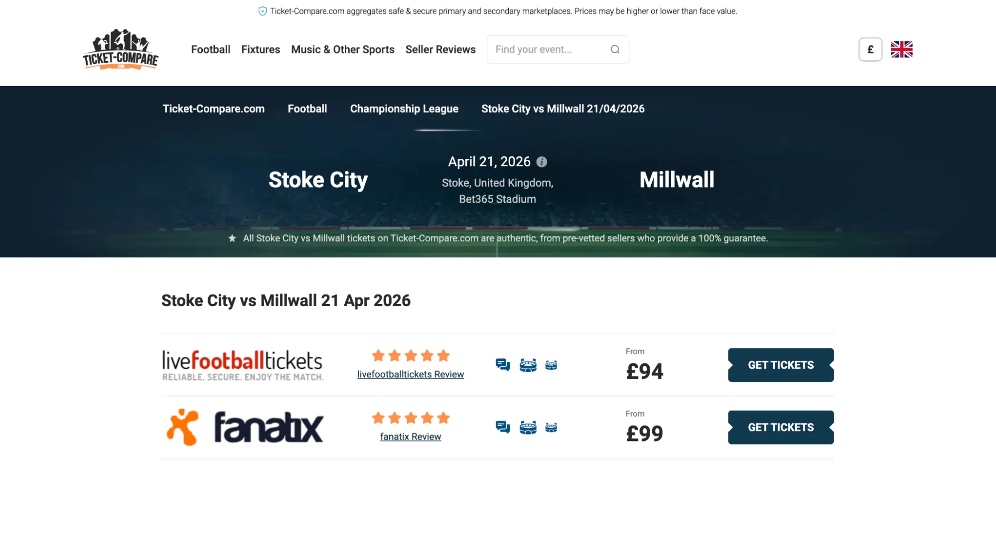 screenshot af Stoke City v Millwall billetter på sammenligningsside