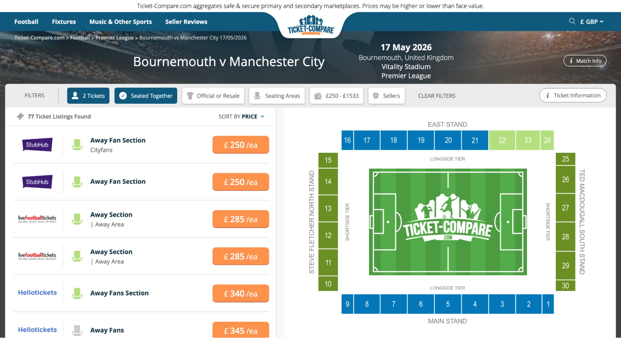 Screenshot av Bournemouth v Man City-billetter