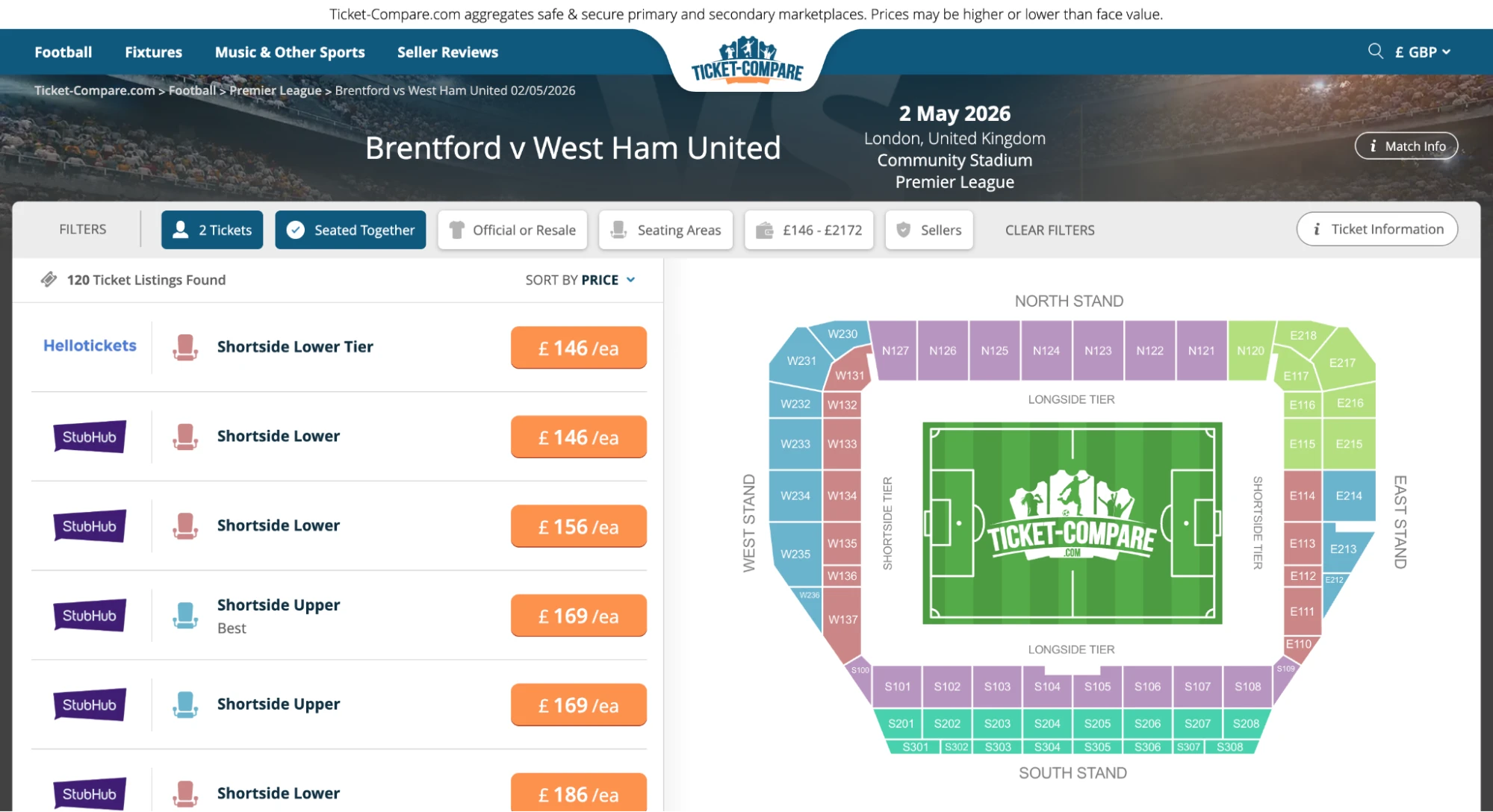 Screenshot of Brentford v West Ham United tickets page