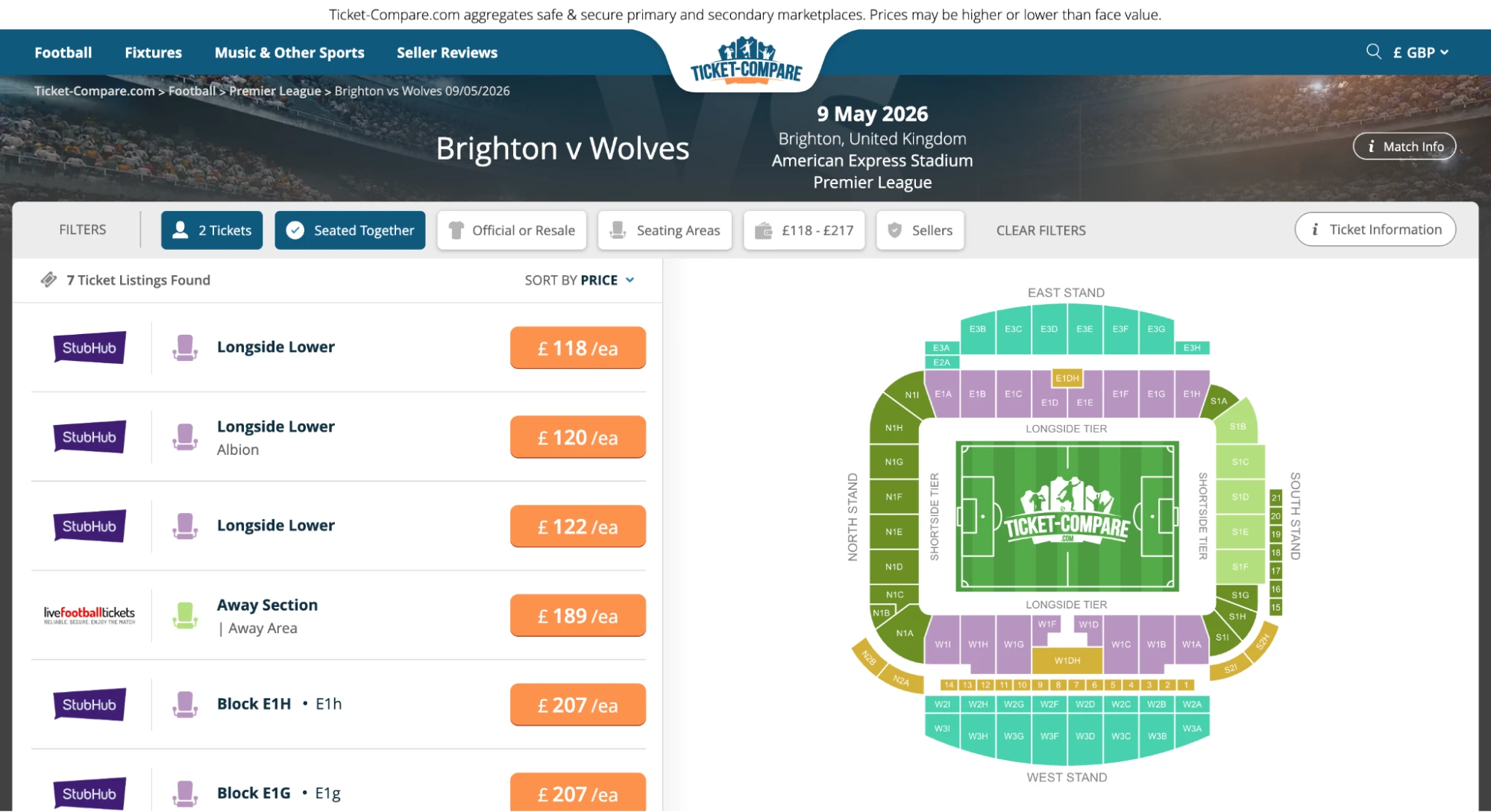 Screenshot af Brighton v Wolves billetsiden