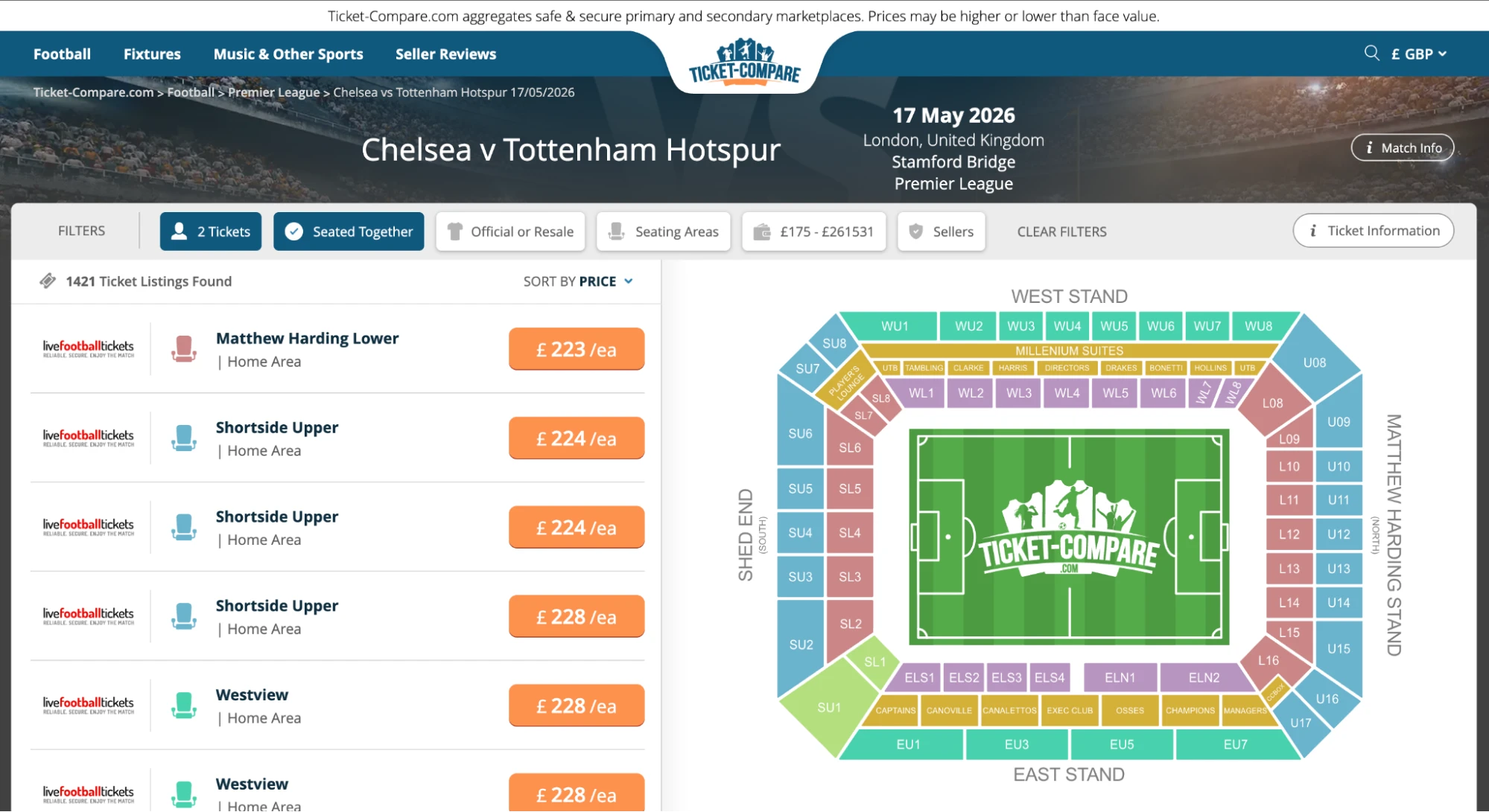 Screenshot af Chelsea v Tottenham Hotspur-billetsiden