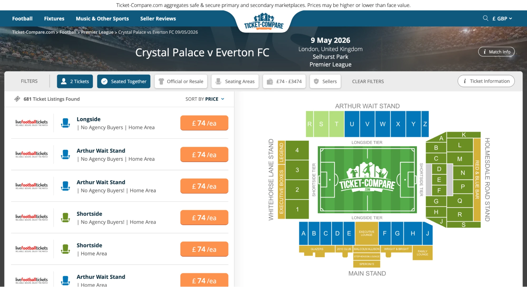 Screenshot af Crystal Palace mod Everton FC billetsiden