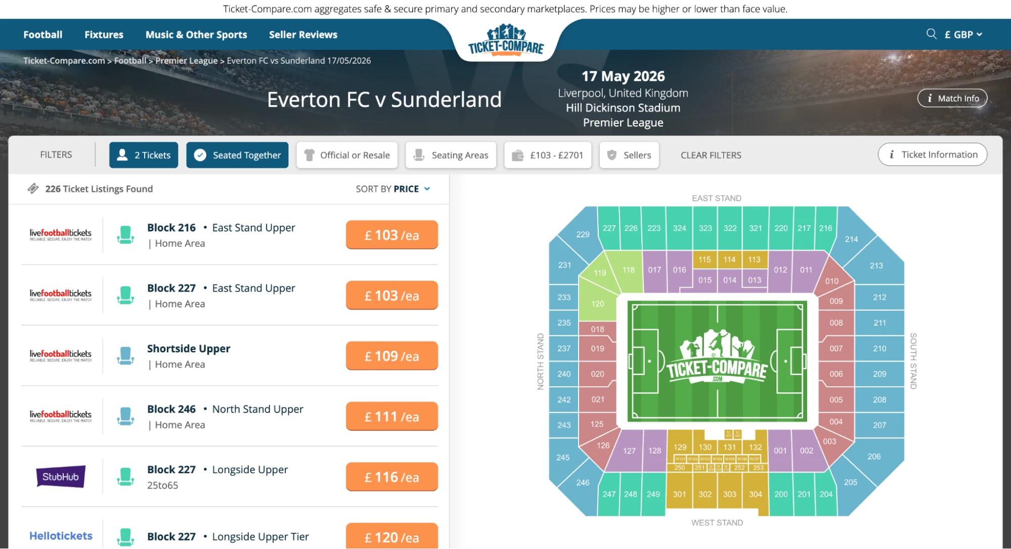 Screenshot of Everton v Sunderland tickets page