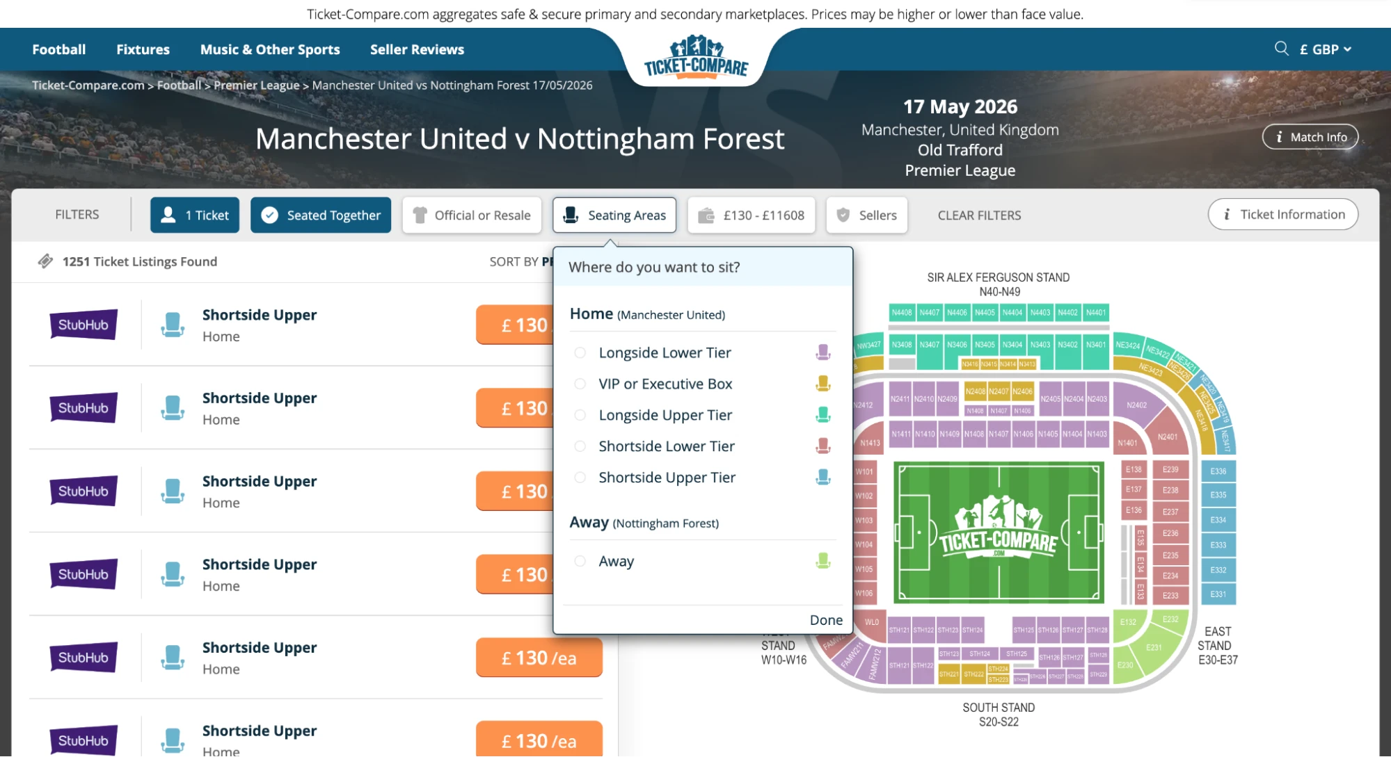 Screenshot of Manchester United v Nottingham Forest tickets page
