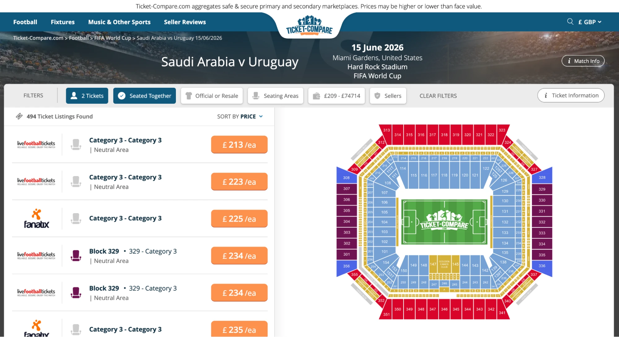 Screenshot of Saudi Arabia v Uruguay tickets page on Ticket-Compare.com