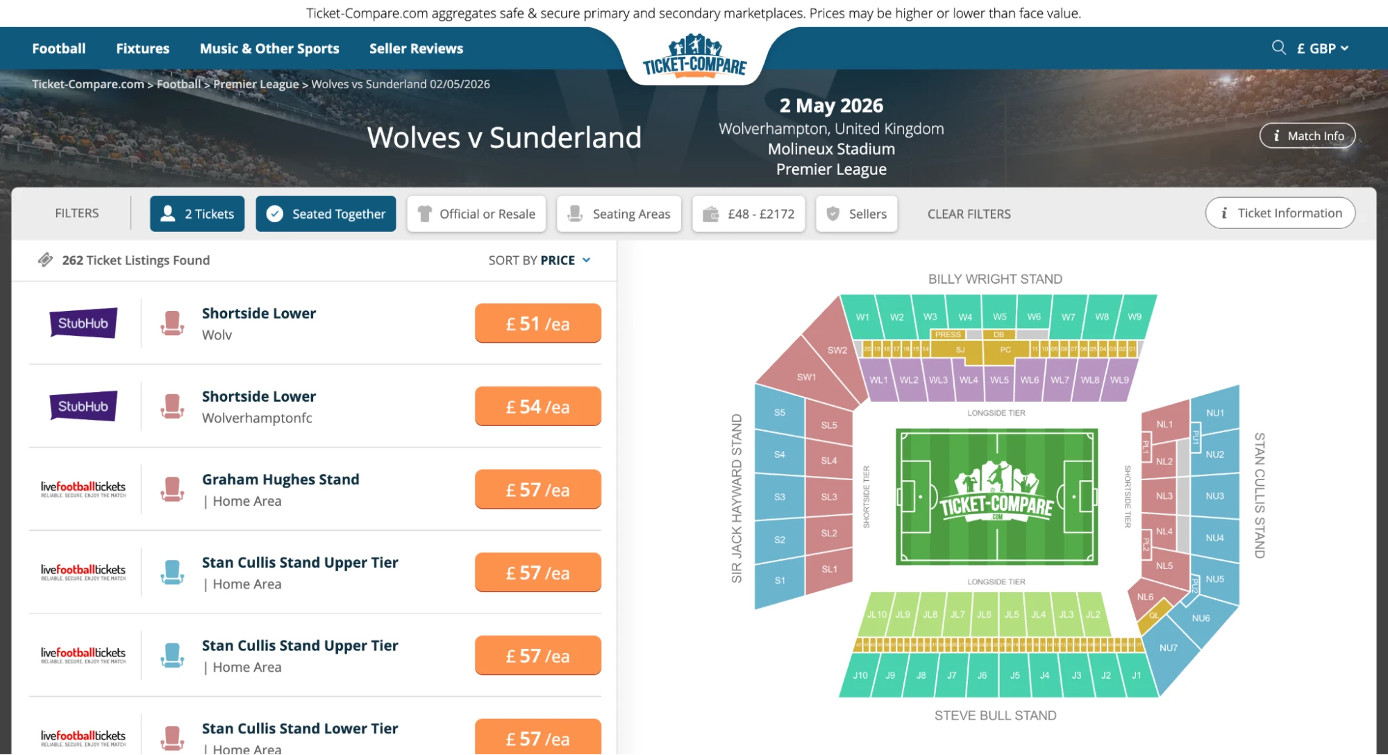 Screenshot of Wolves v Sunderland tickets page