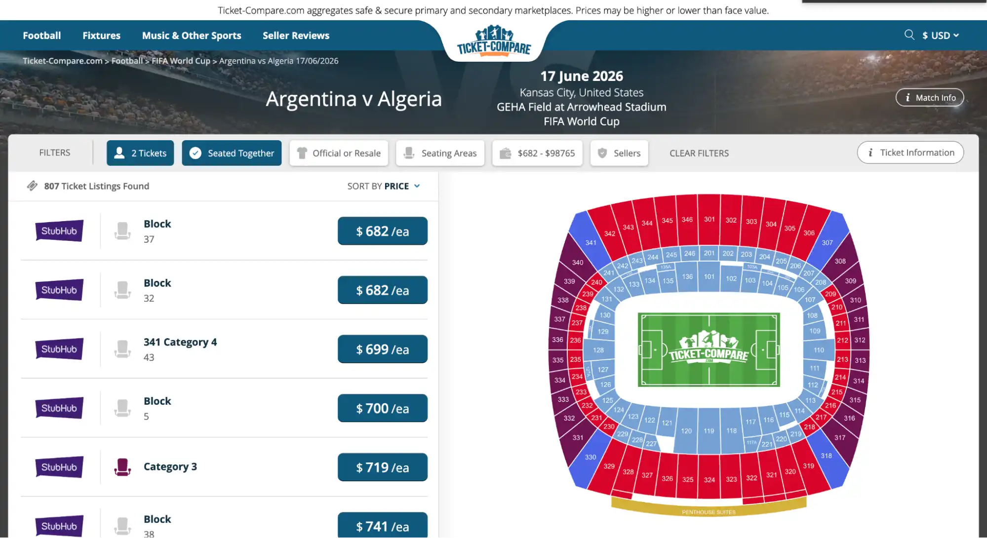 screenshot af Argentina vs Algeriet billetsiden