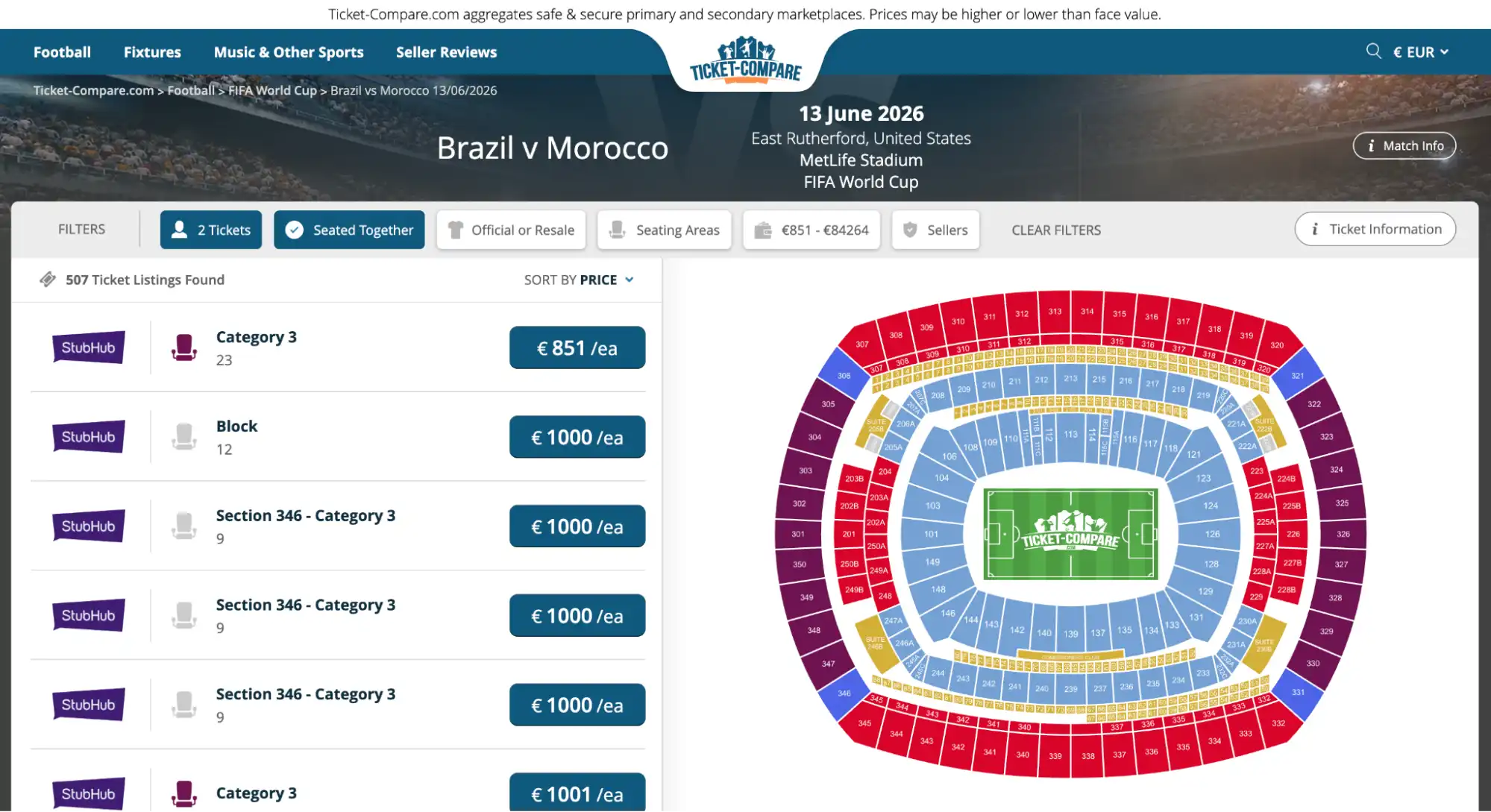 screenshot Brazil vs Morocco match tickets page