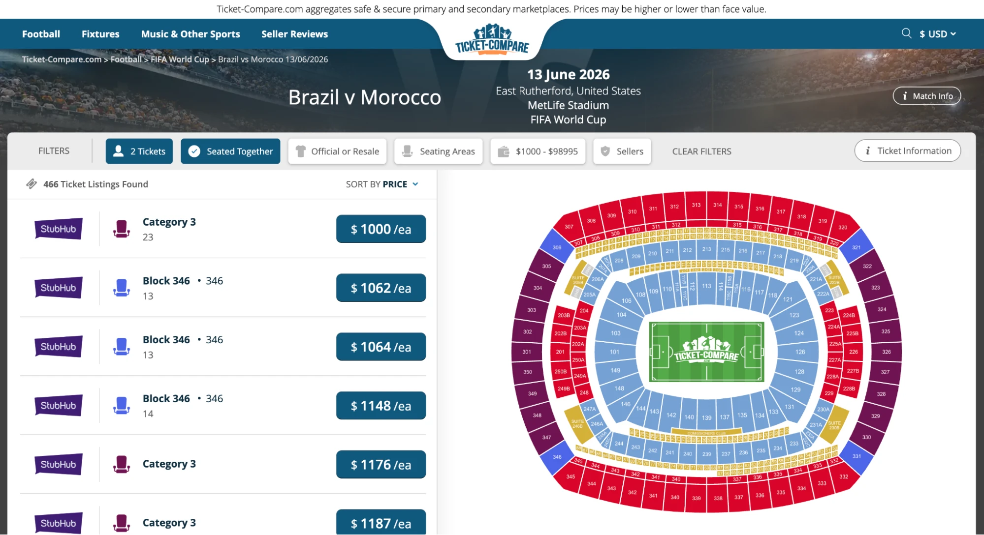 screenshot of Brazil vs Morocco match tickets page