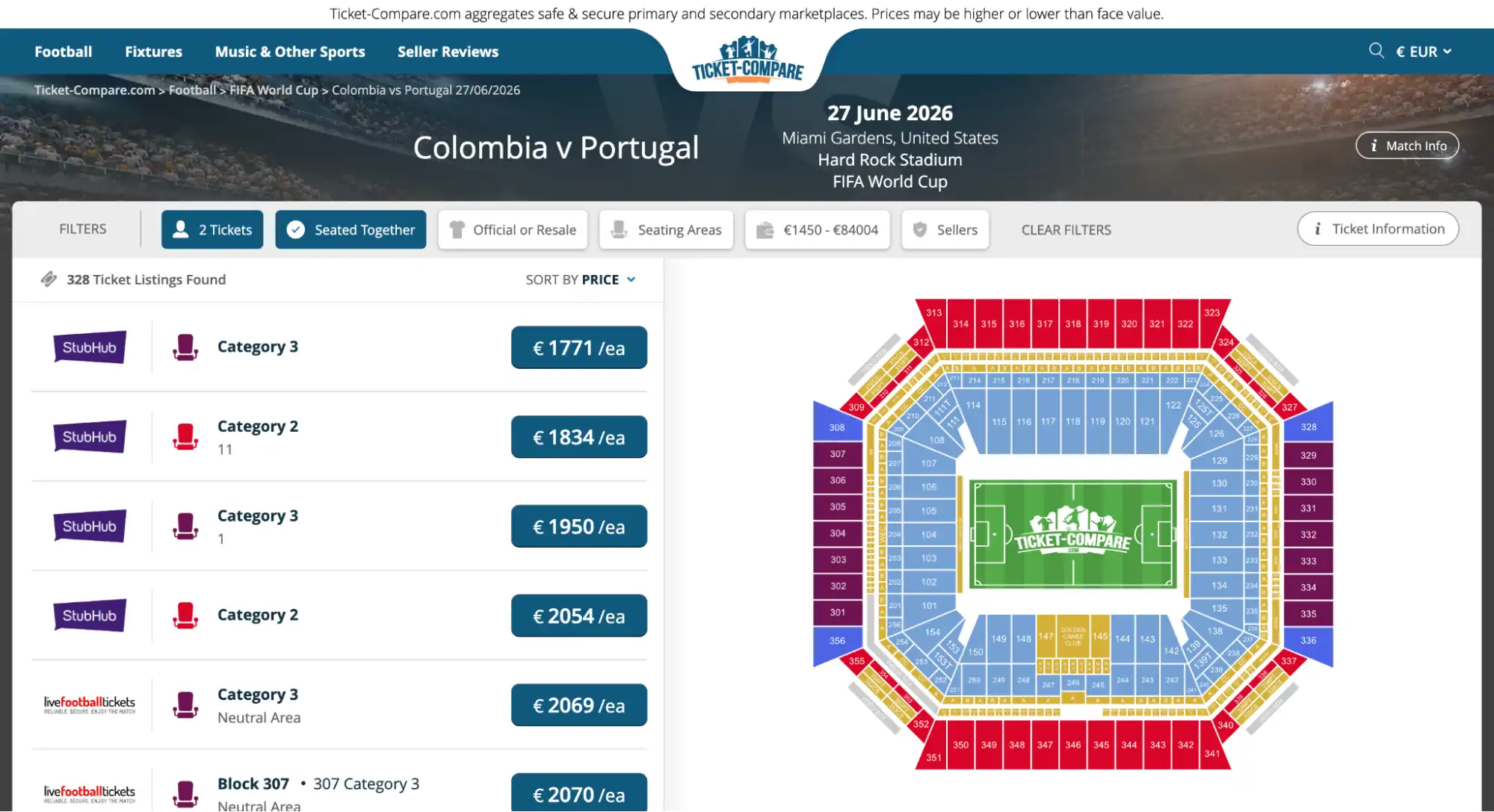 screenshot av Colombia vs Portugal billetter side