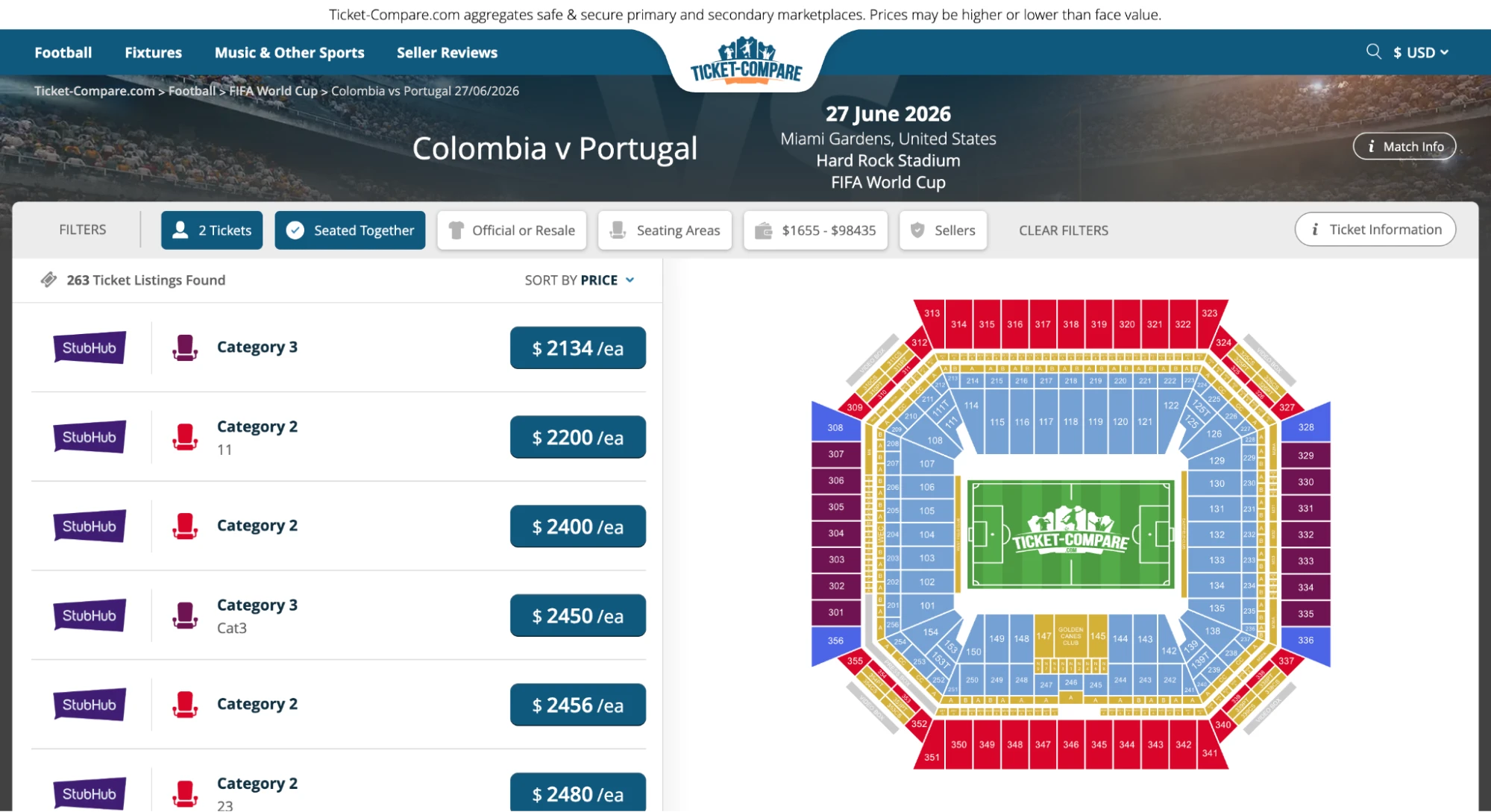 Skjermbilde av Colombia vs Portugal match billetter