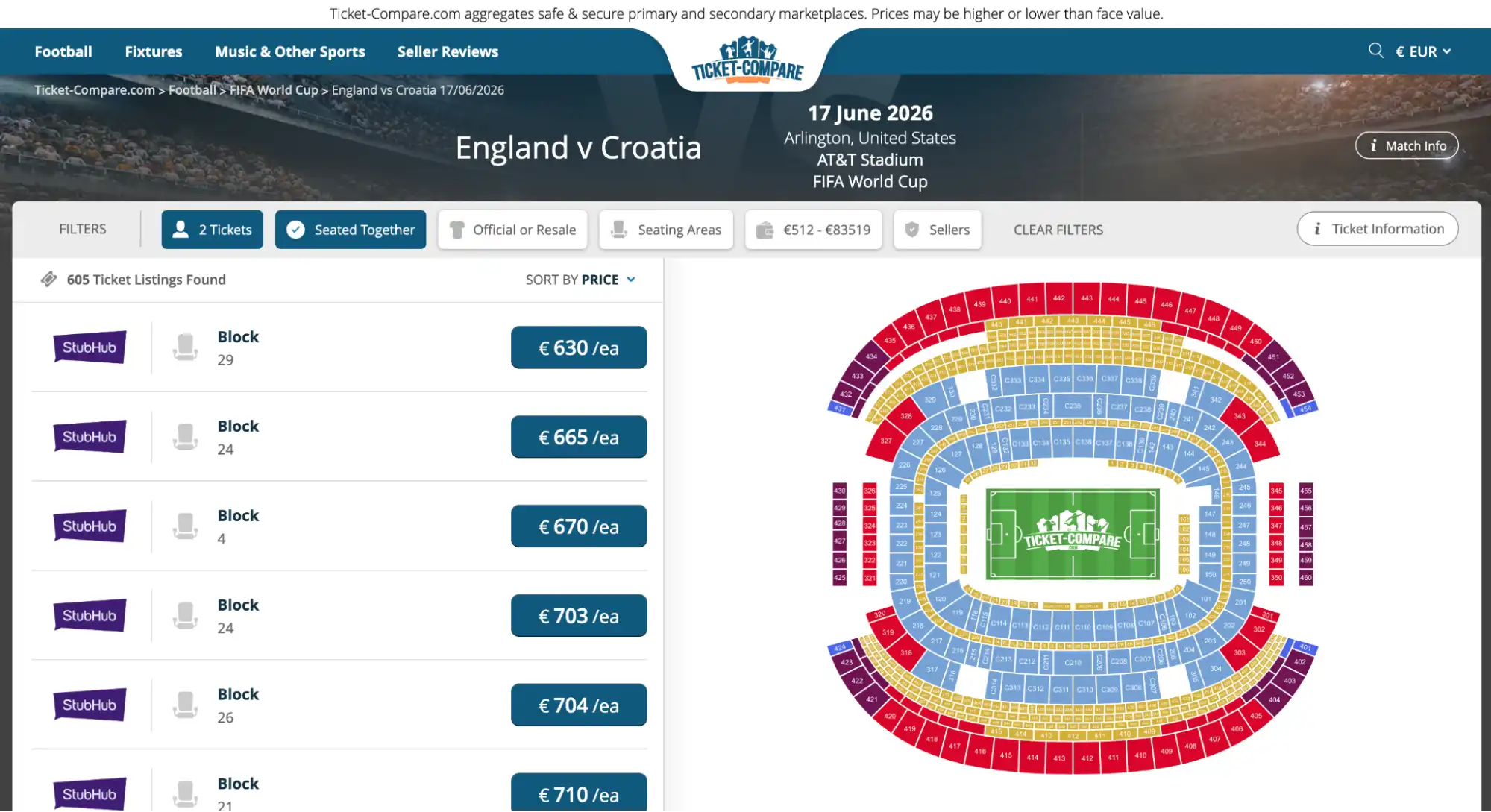 screenshot of England vs Croatia match tickets page