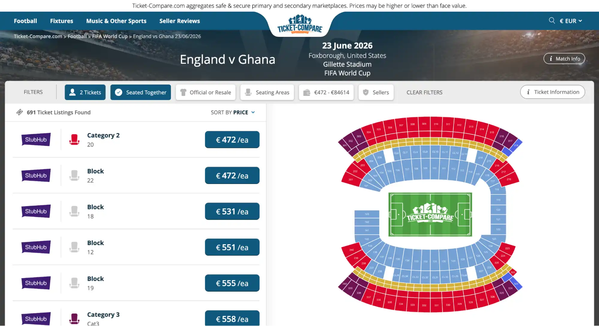 screenshot of England vs Ghana match tickets page