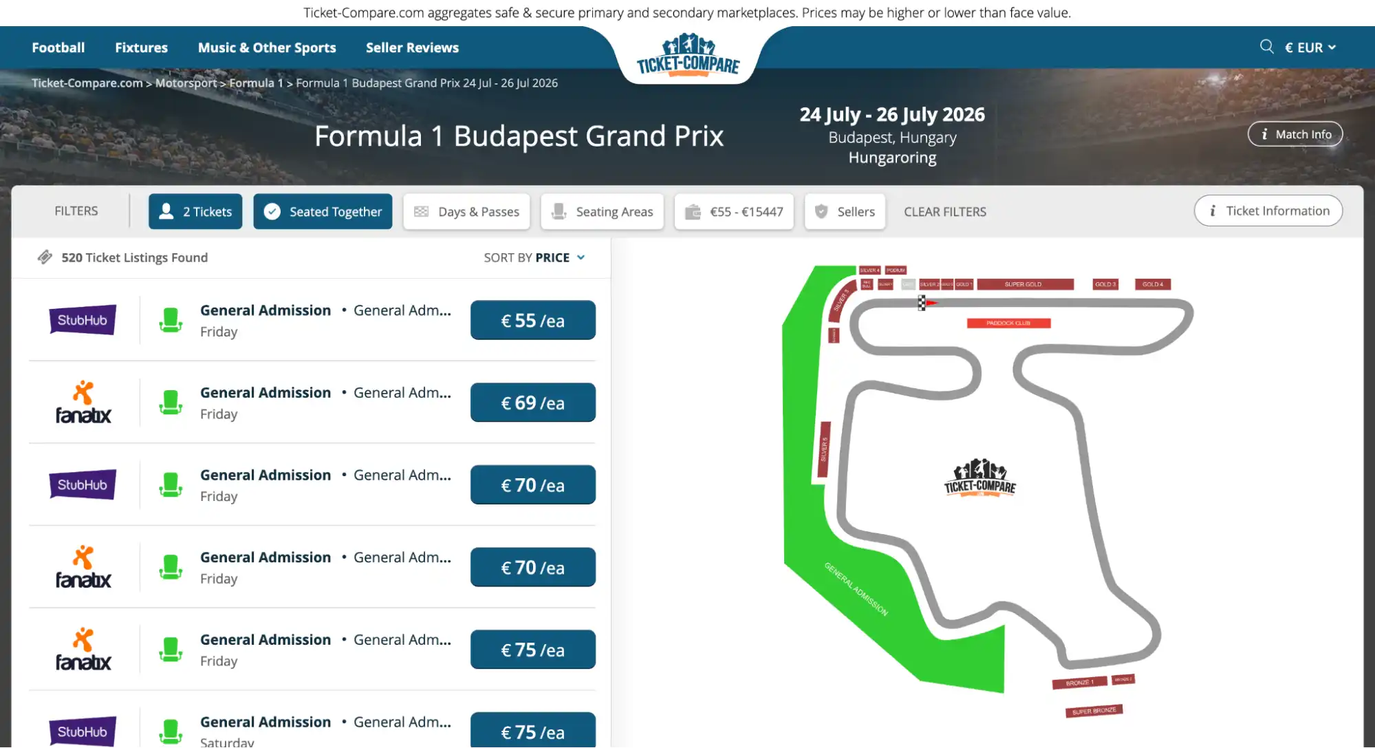 screenshot of Formula 1 Budapest Grand Prix tickets page