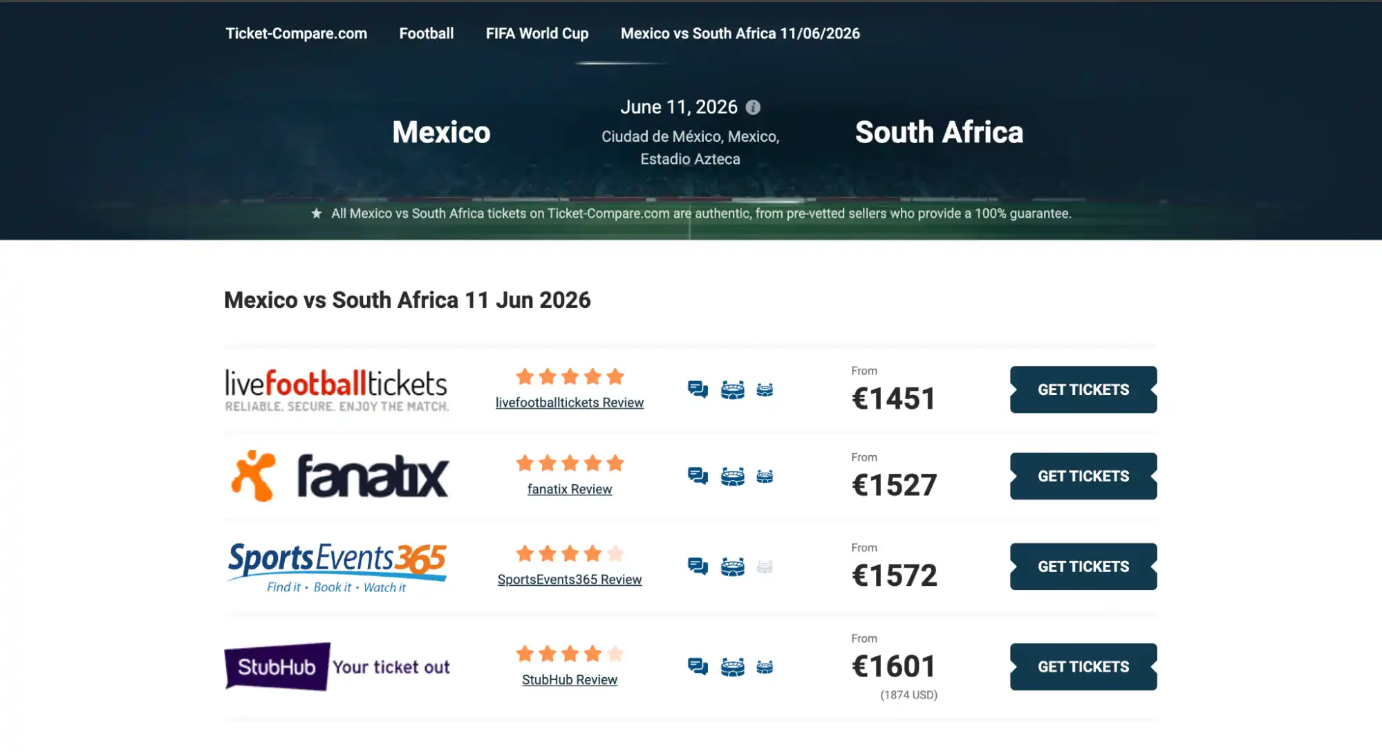 skjermbilde av Mexico vs South Africa billettside