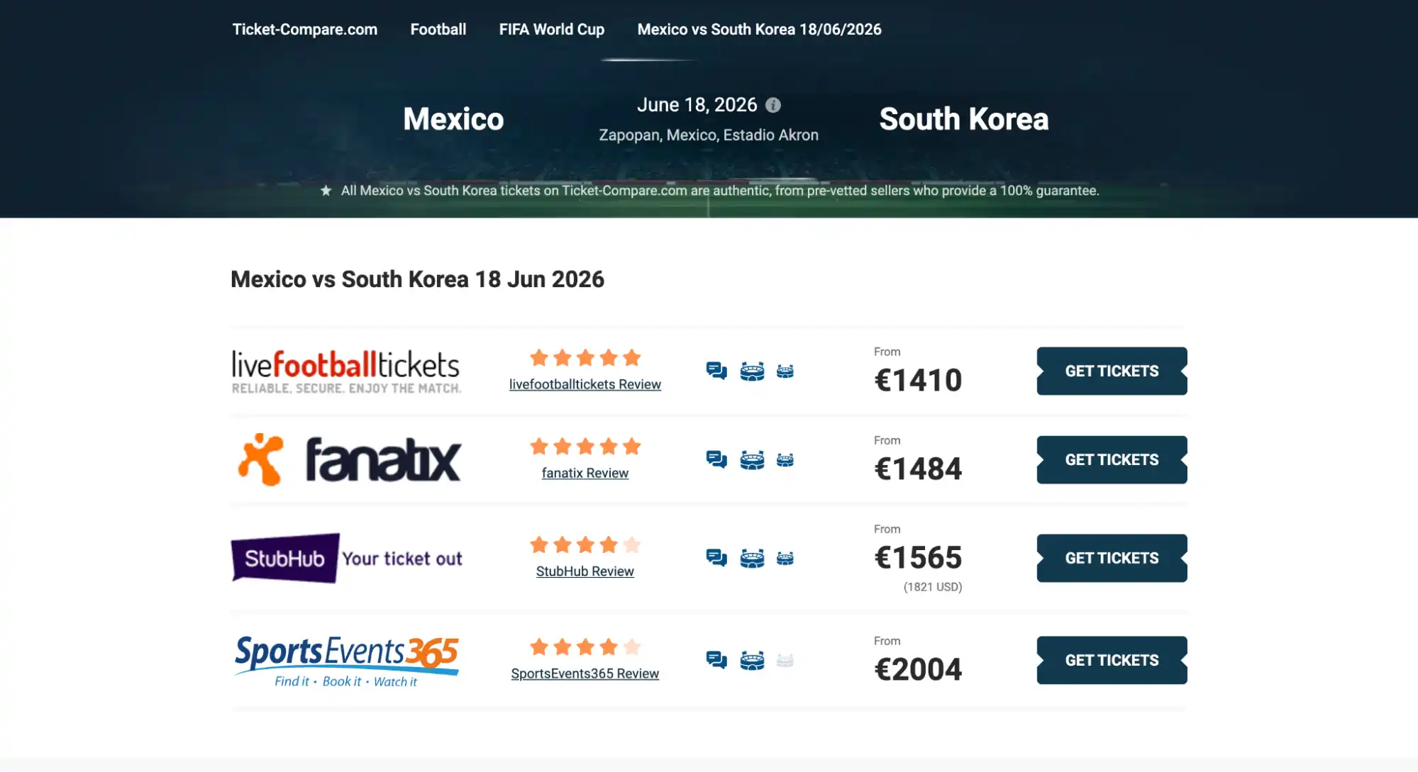 skjermbilde av Mexico vs Sør-Korea billettsiden