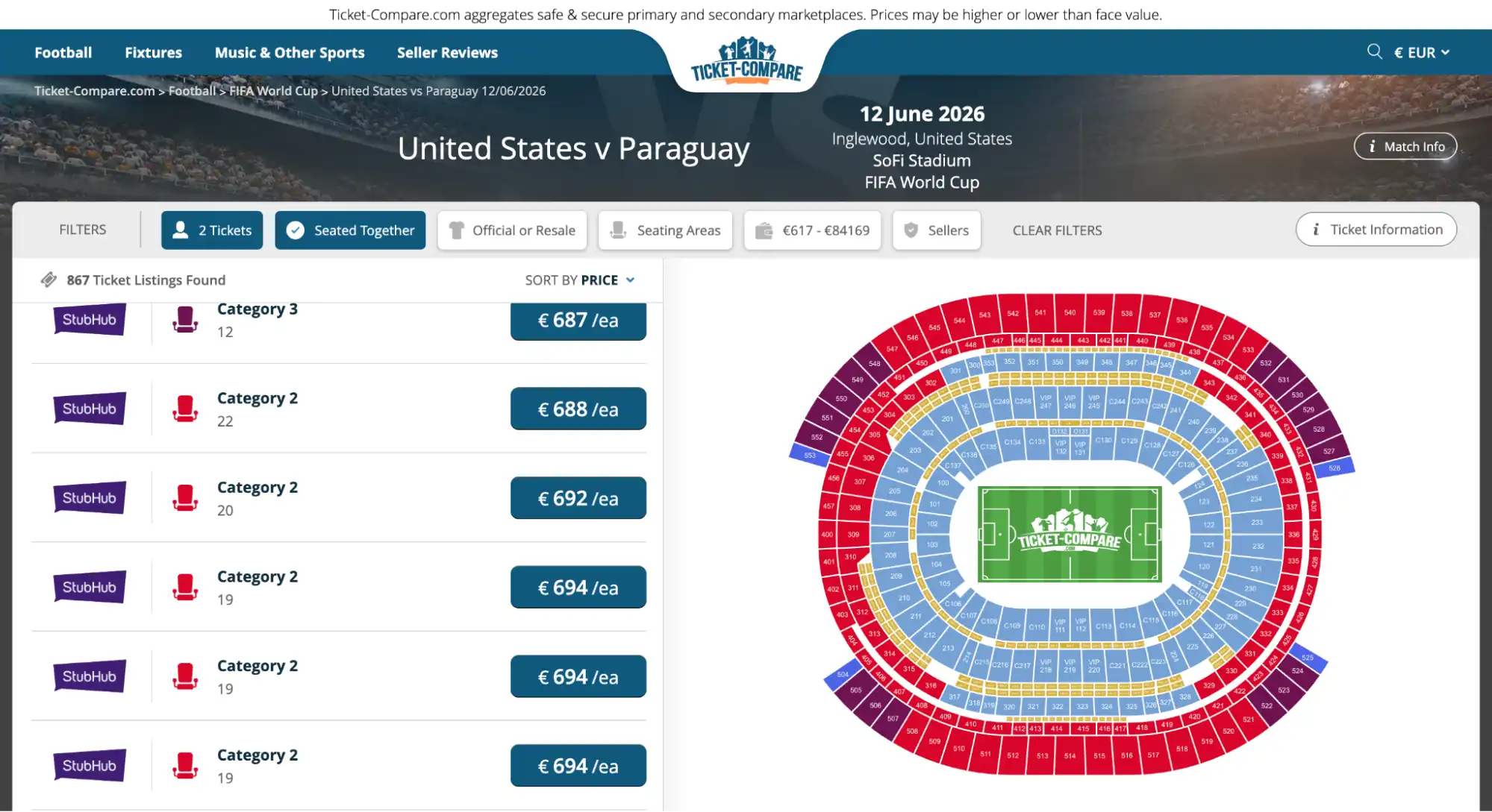 screenshot of United States vs Paraguay match tickets page