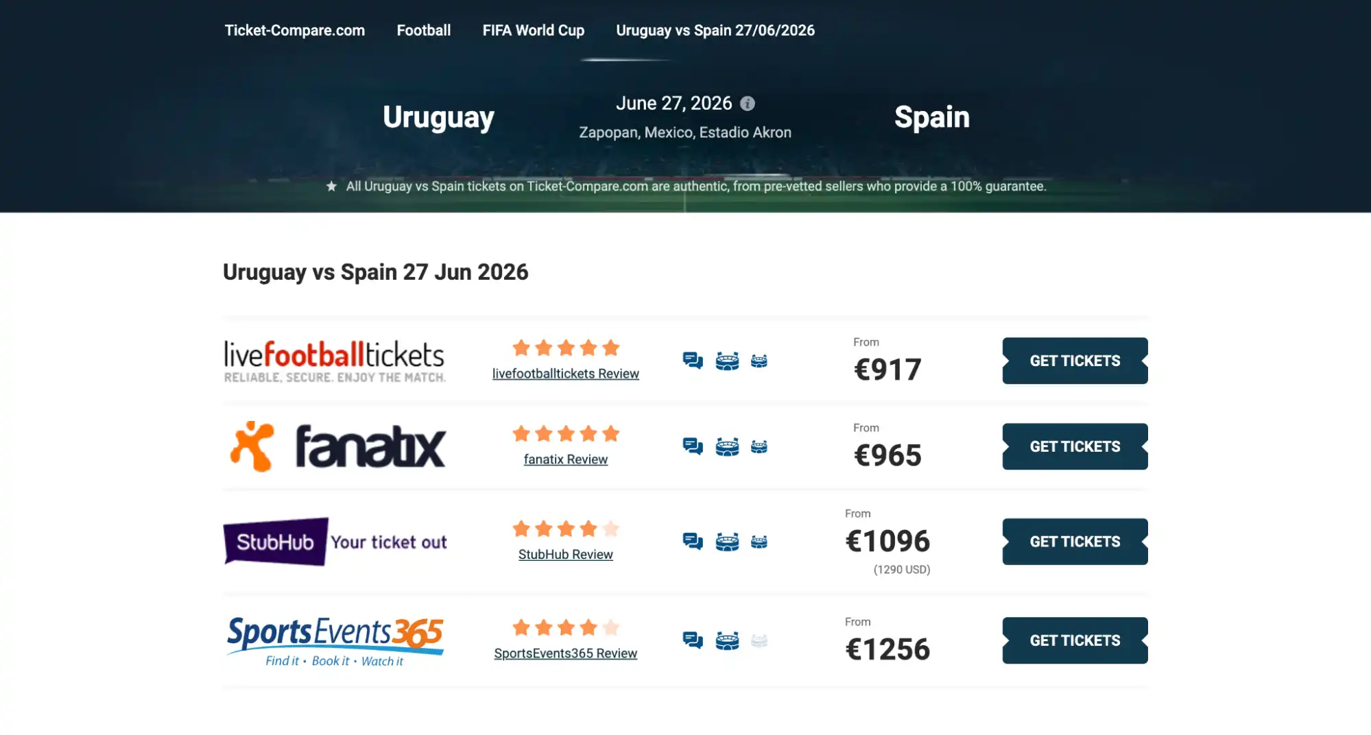 screenshot of Uruguay vs Spain match tickets page on ticket-compare.com