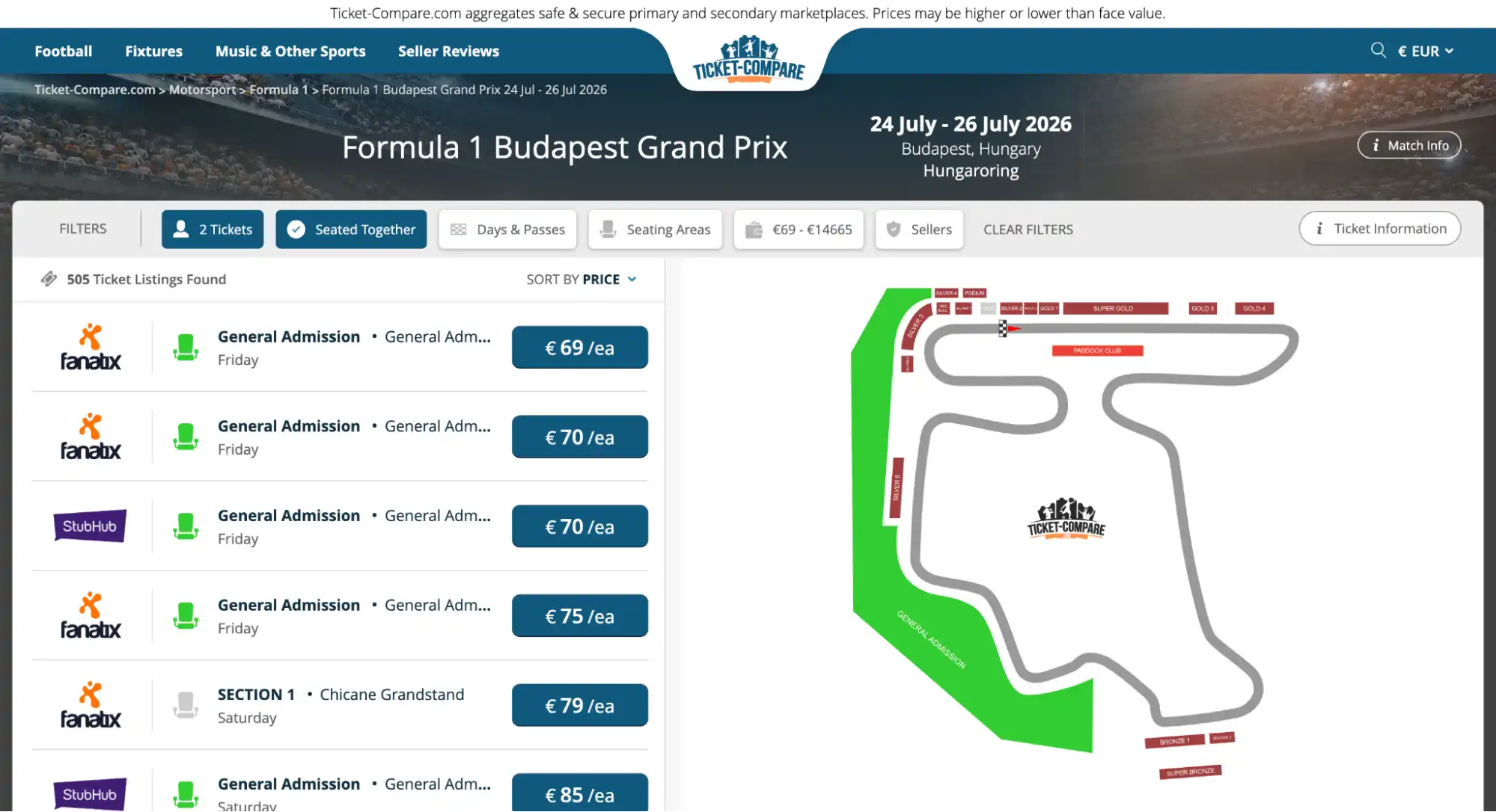 screenshot of Formula 1 Budapest Grand Prix tickets page on ticket-compare.com
