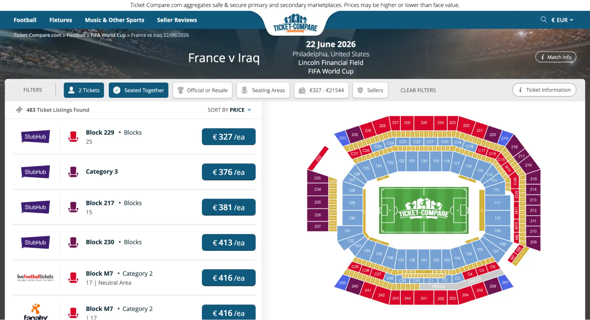 screenshot of France vs Iraq match tickets page