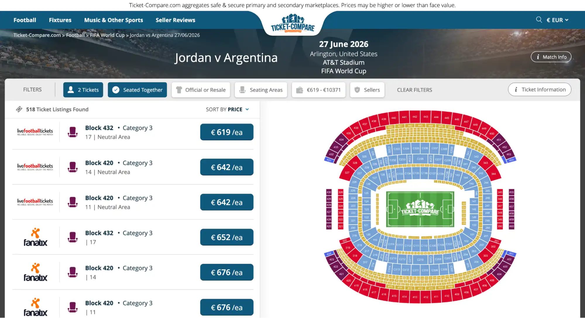 screenshot of Jordan vs Argentina match tickets page on ticket-compare.com