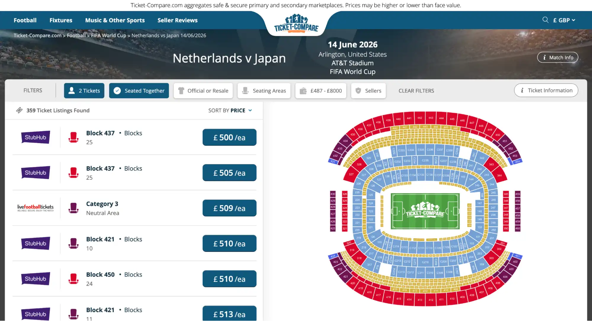 Skjermbilde Nederland vs Japan billetter oversikt