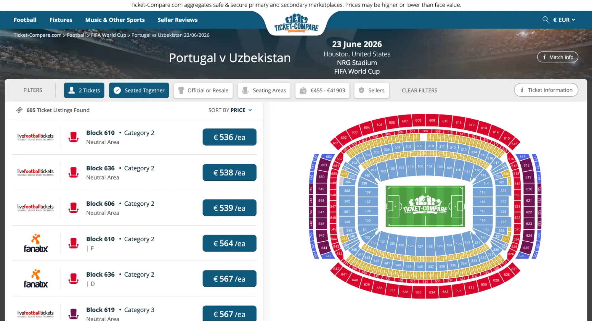 screenshot av Portugal vs Usbekistan billetter