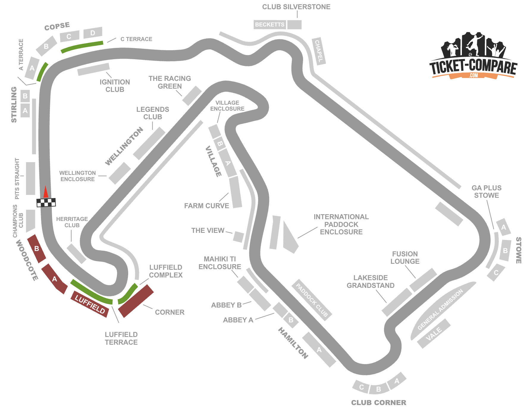 screenshot of Silverstand seating plan with the Luffield and Woodcote grandstands highligted