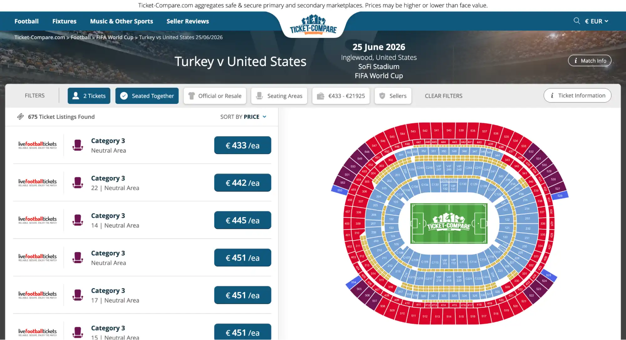 screenshot av Tyrkia vs USA billettsammenligningsside