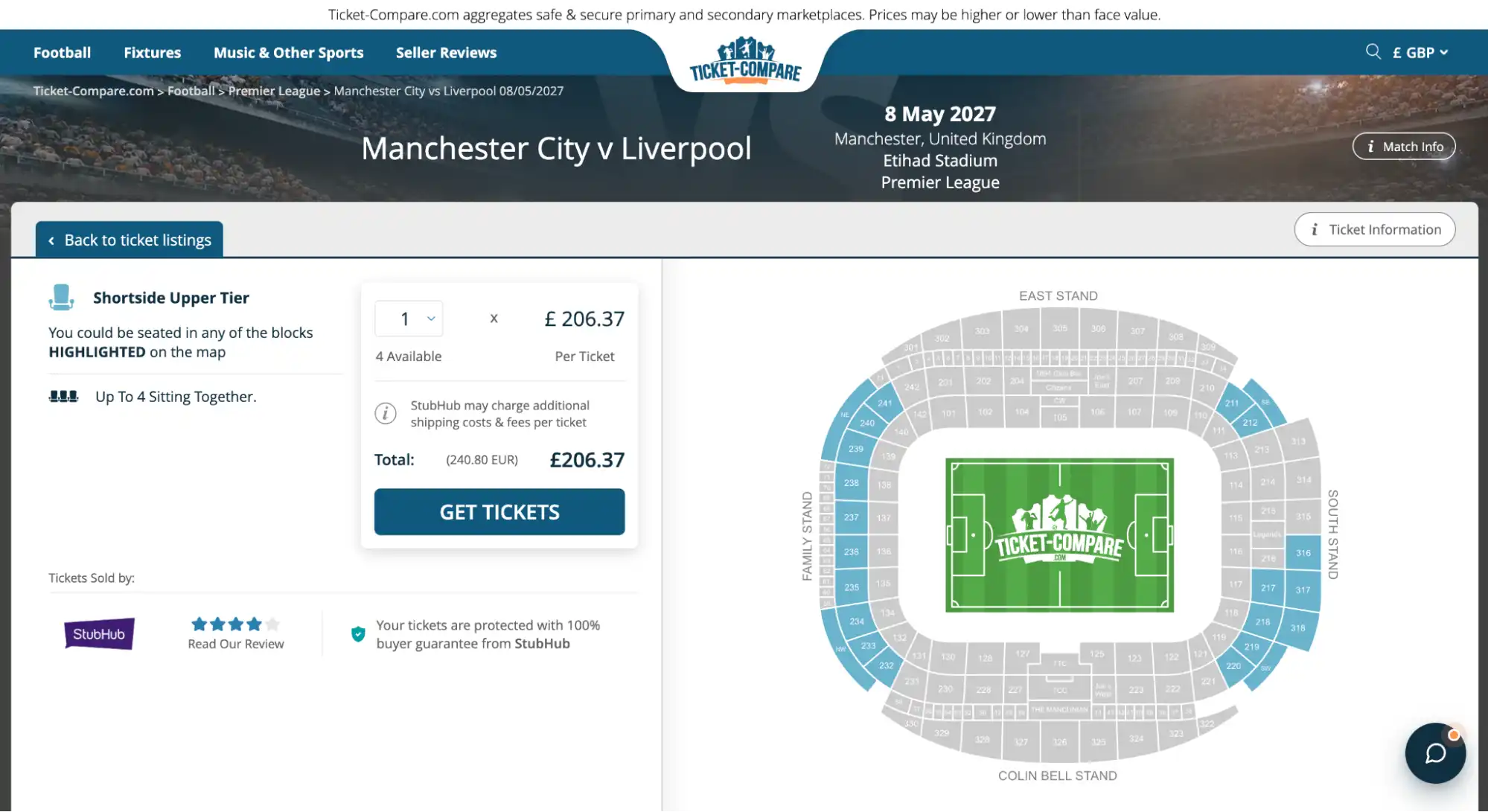 screenshot of Manchester City vs Liverpool Shortside Upper Tier tickets