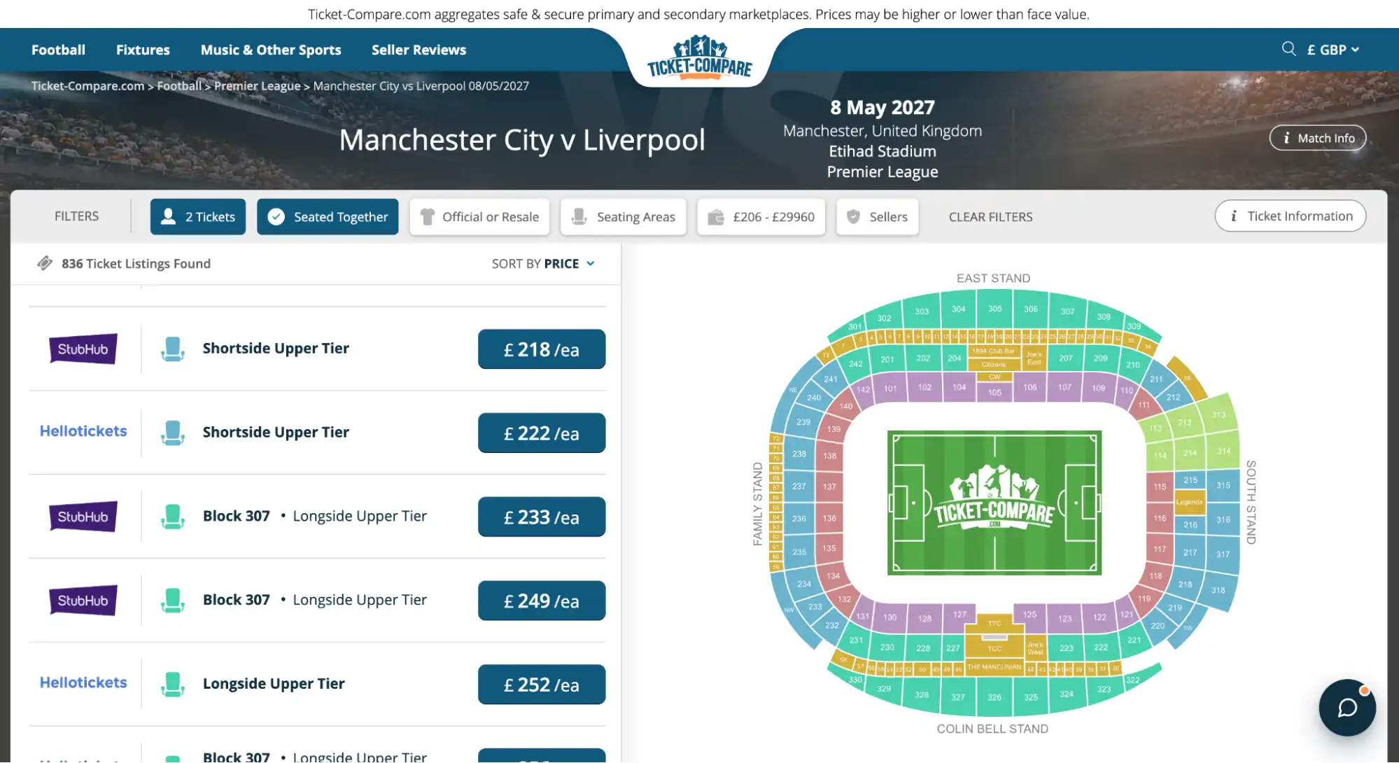 screenshot of Manchester City vs Liverpool tickets