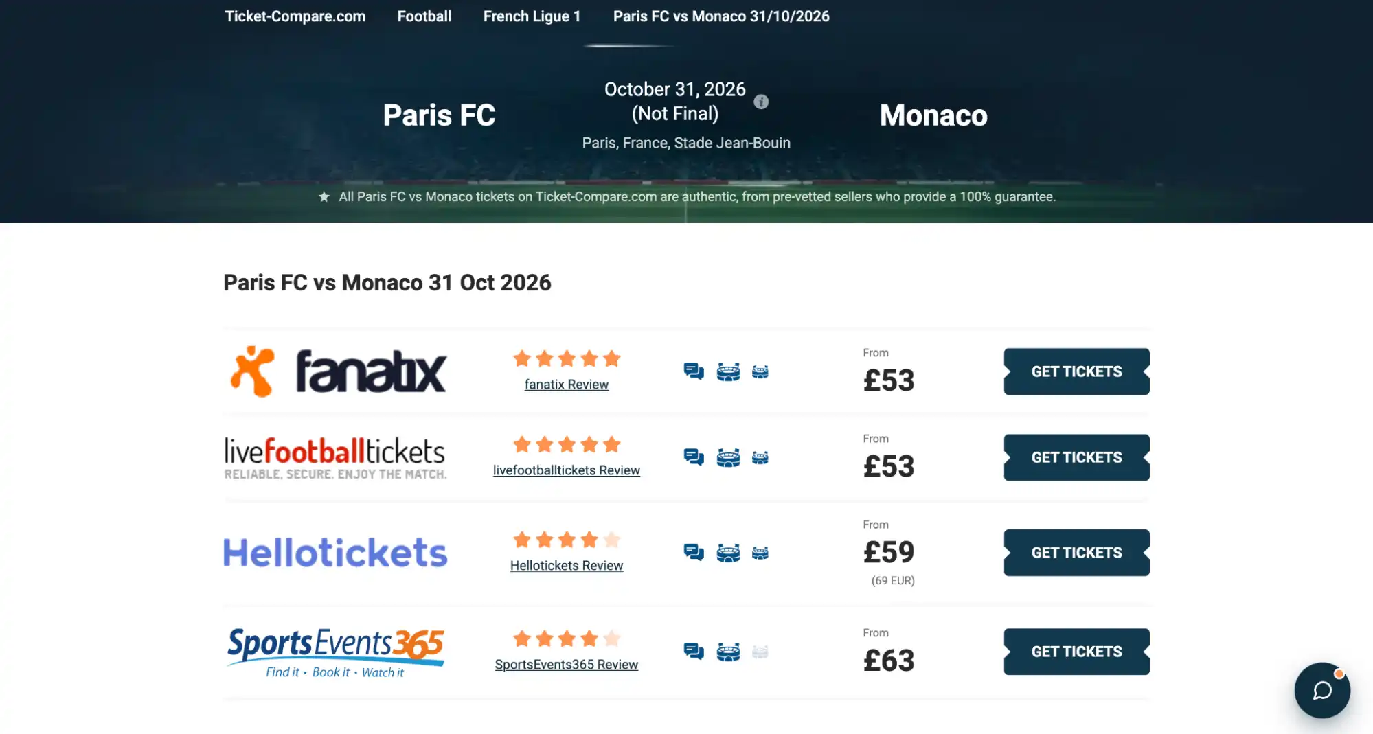 screenshot of Paris FC vs Monaco page