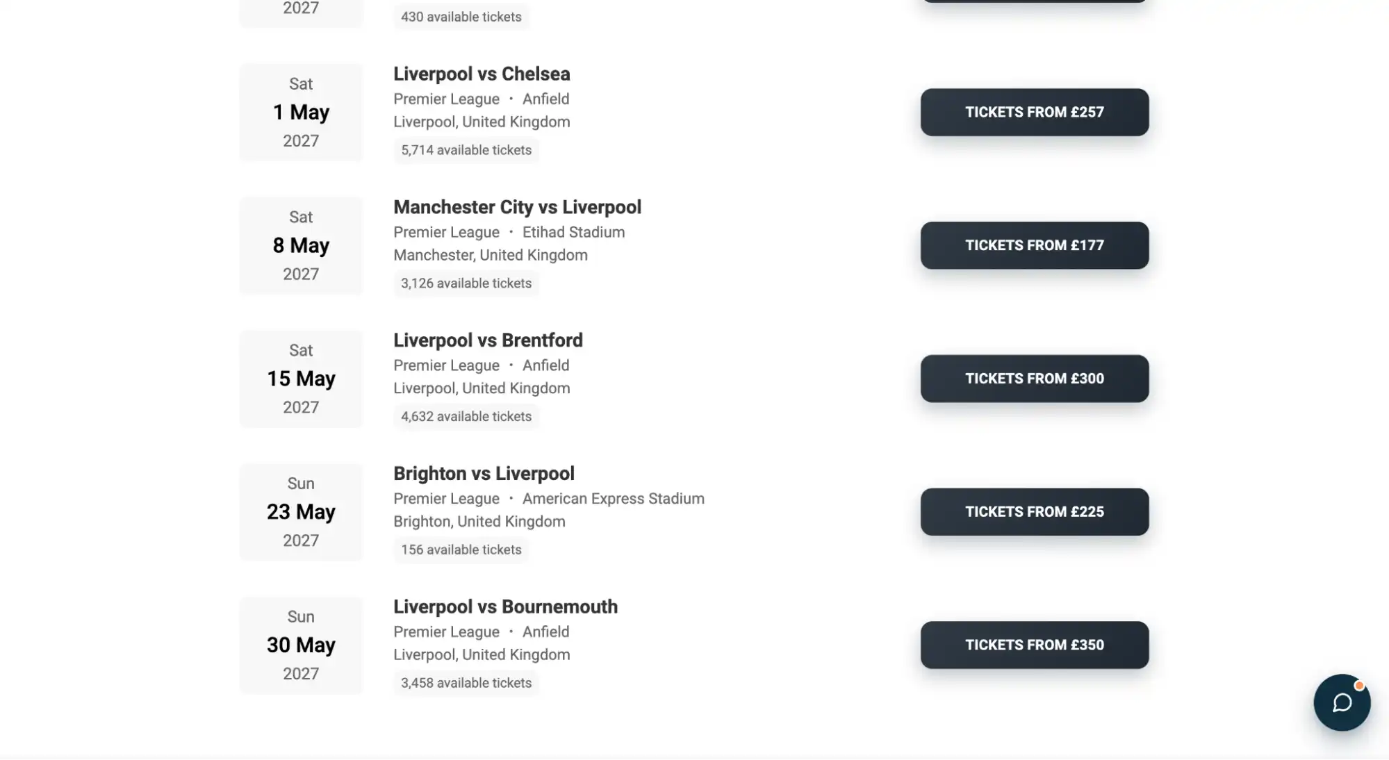 screenshot of Premier League tickets page