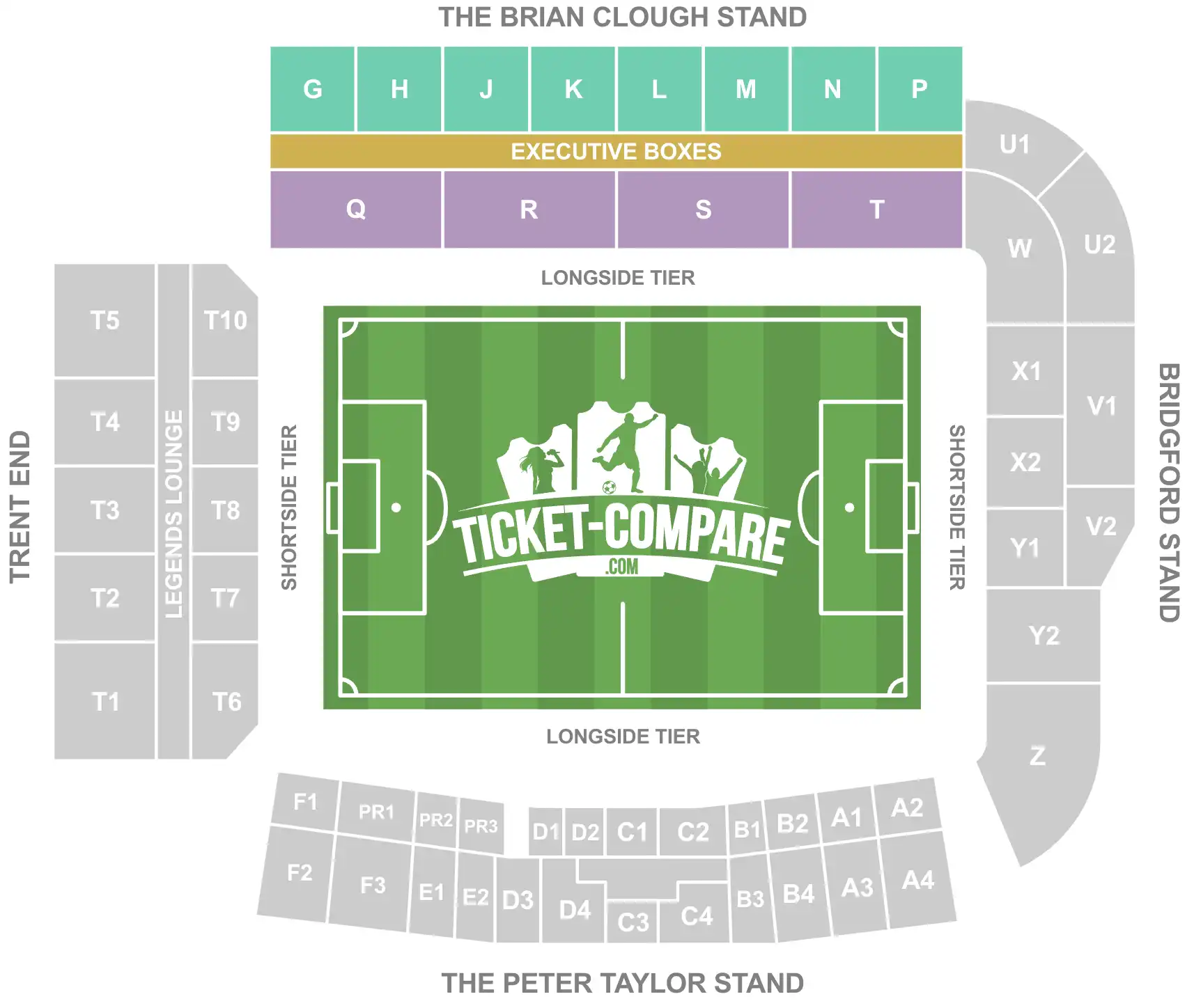 Screenshot of City Ground stadium Seating plan with the Brian Clough stand highlighted